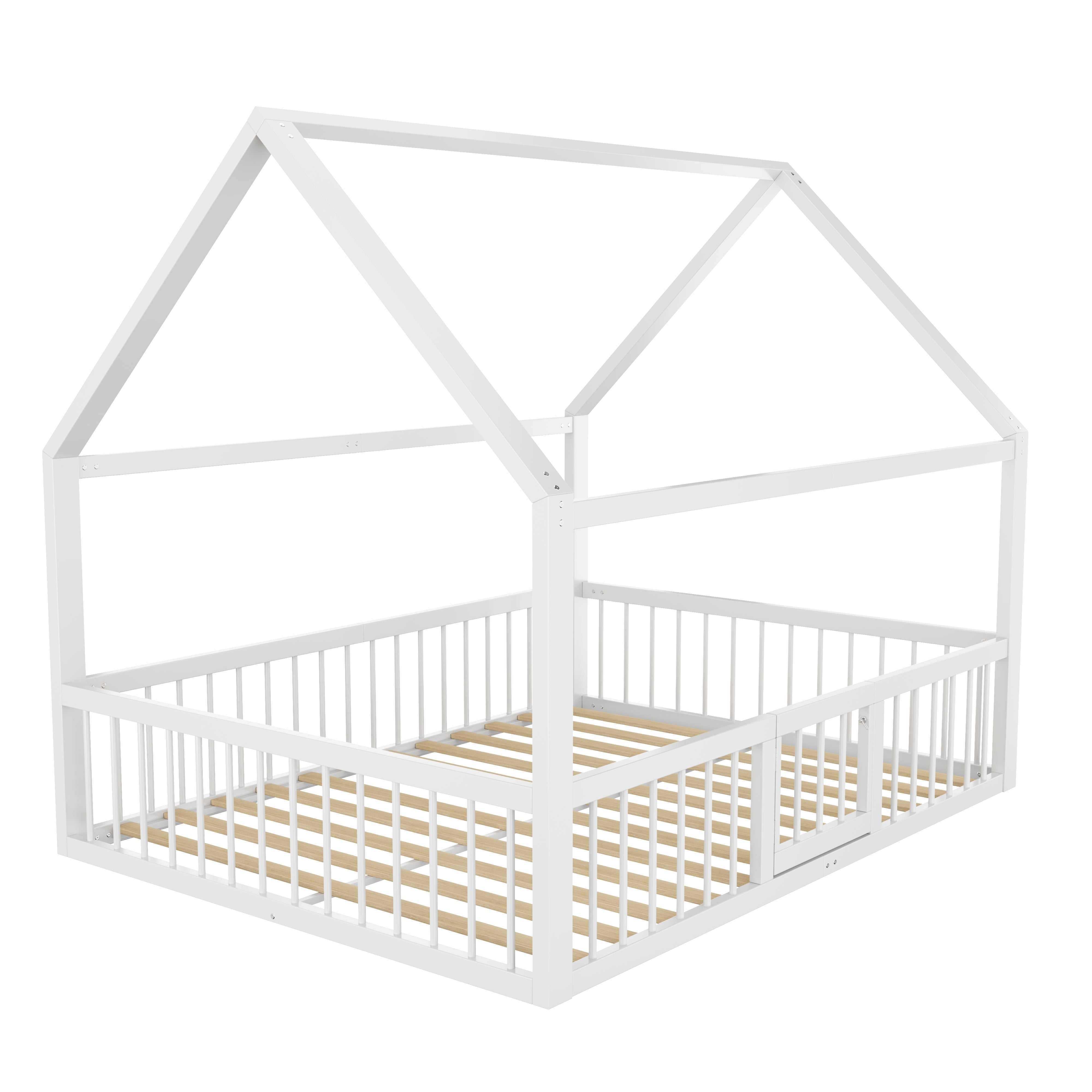 Children's Metal Bed 140x200cm House Design with Railing - White