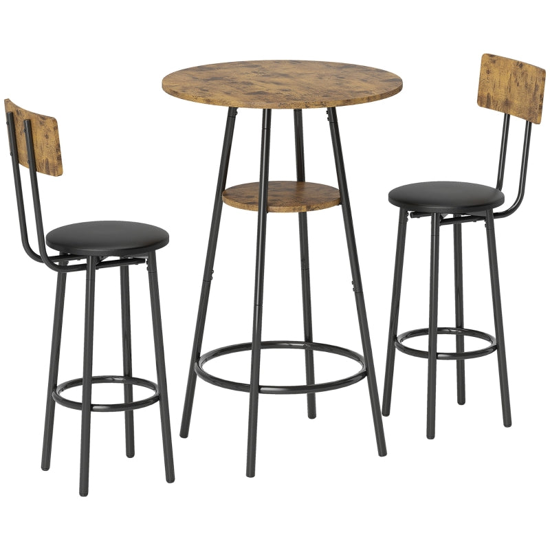 Bar Table Set 3-Piece with Upholstered Stools, Faux Leather, Brown