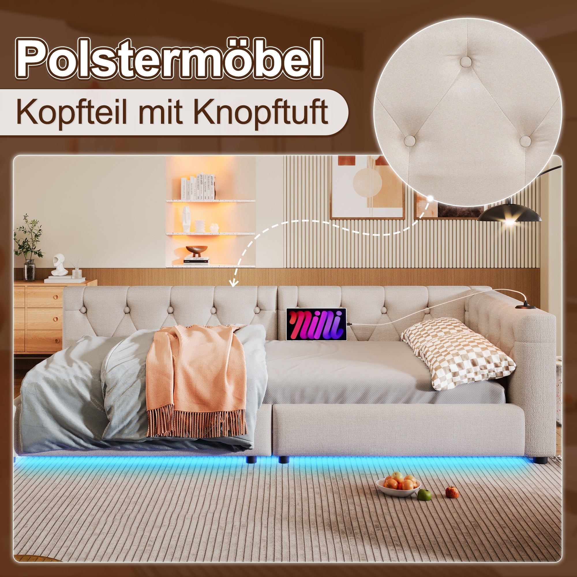 Daybed Sofa Bed 90x200cm LED Light USB/Type-C Button Tufting - Linen Beige
