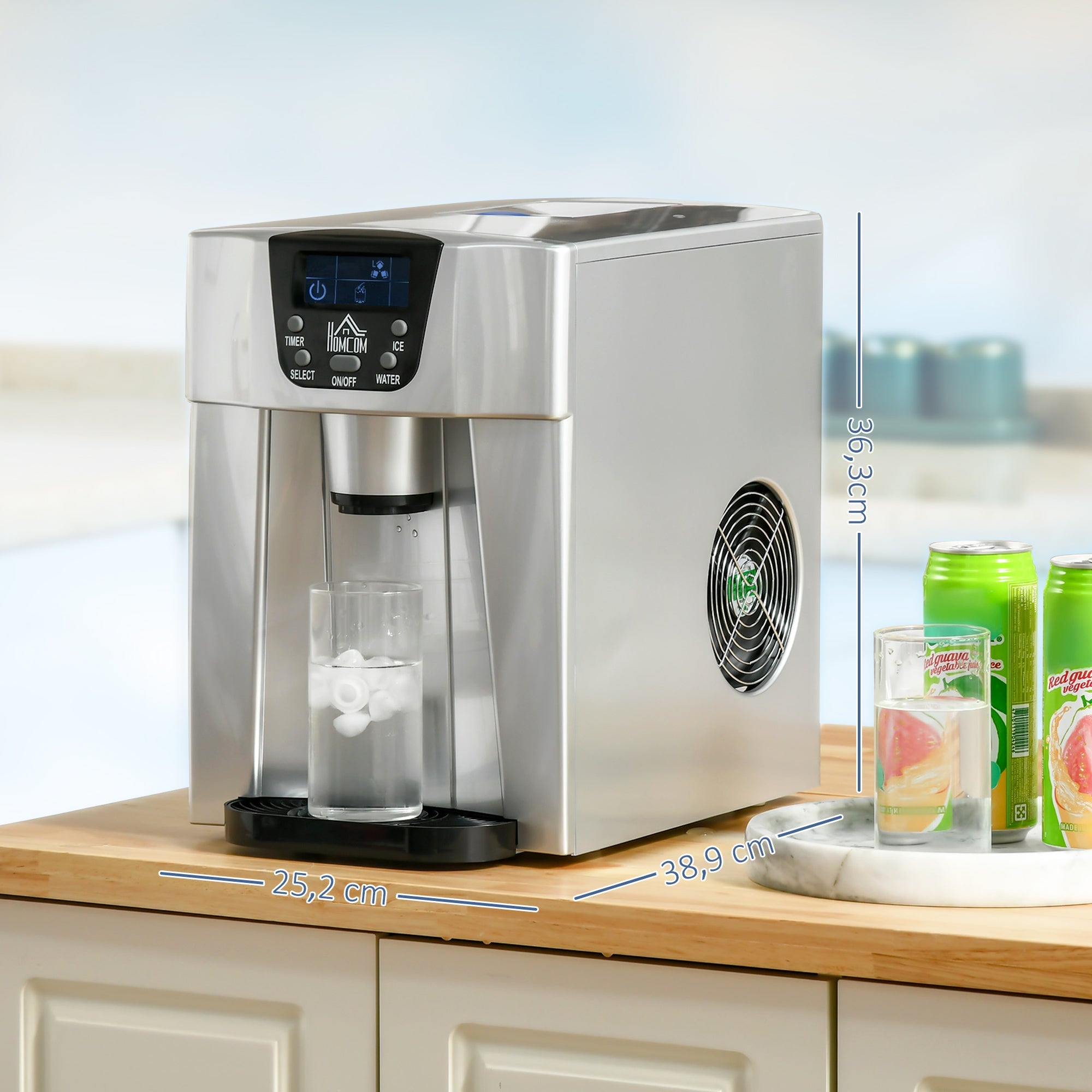 Ice cube machine, 9 ice cubes in 6-10 minutes, 12 kg/24 h, 2 L water tank, self-cleaning function, LCD display, silver