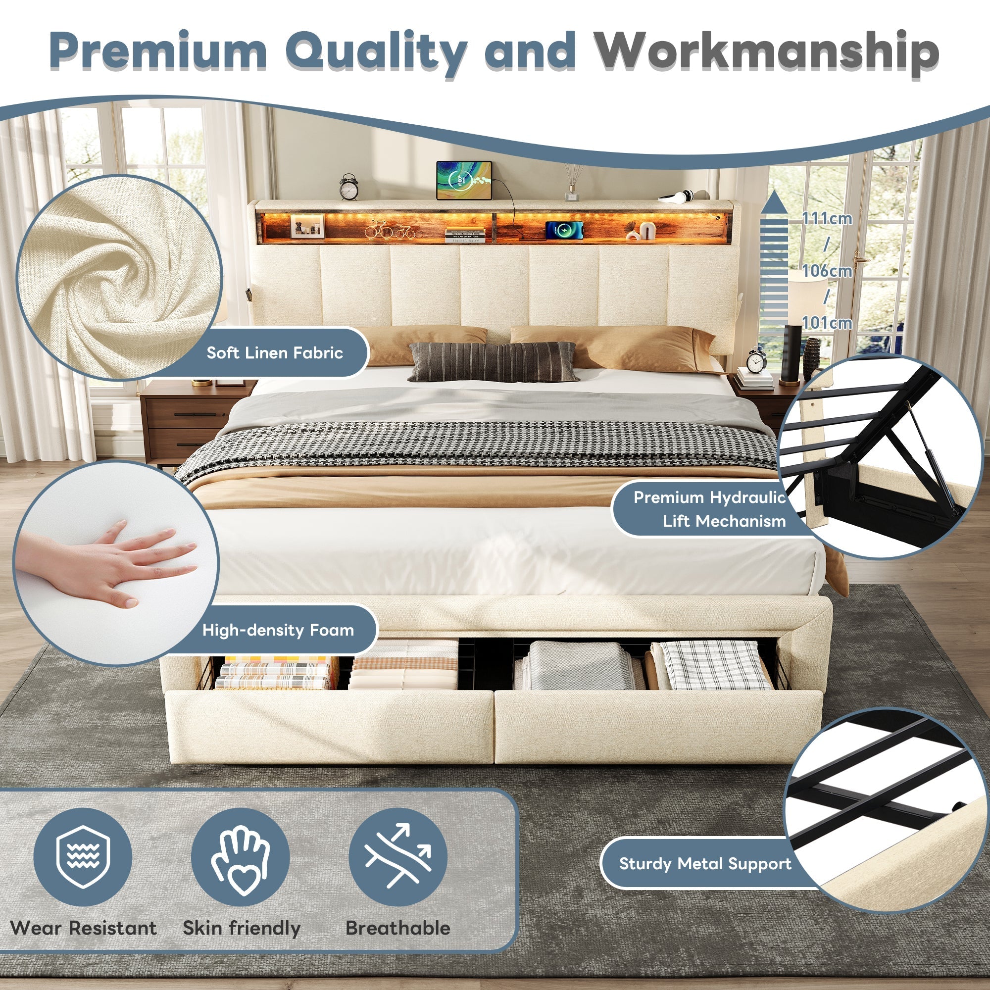 5ft King Upholstered Bed Frame, Hydraulic & Drawers Storage, LED Adjustable Headboard, Linen Beige