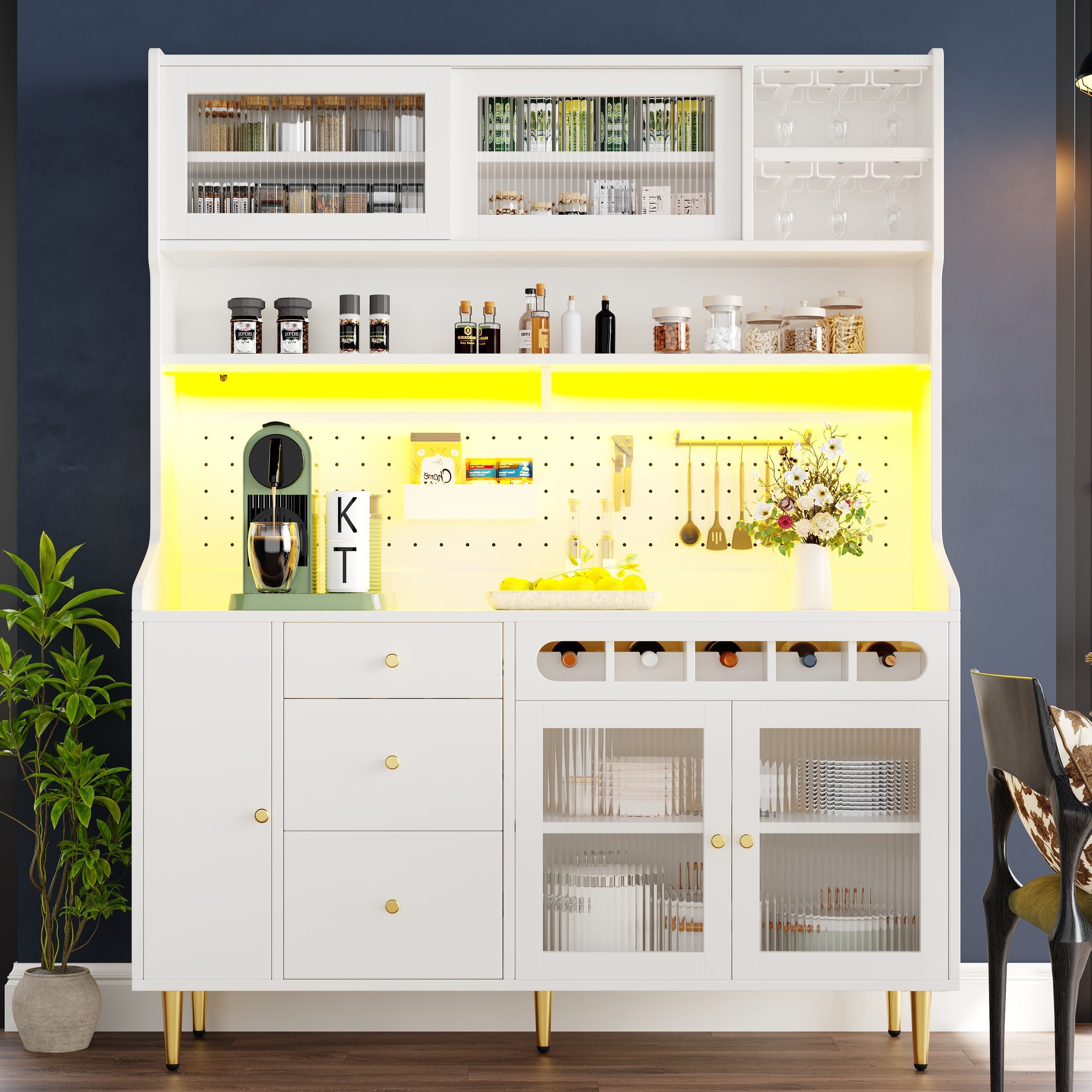 Tall Cabinet 145x39x171cm Adjustable Shelves LED Lighting Wine Rack white