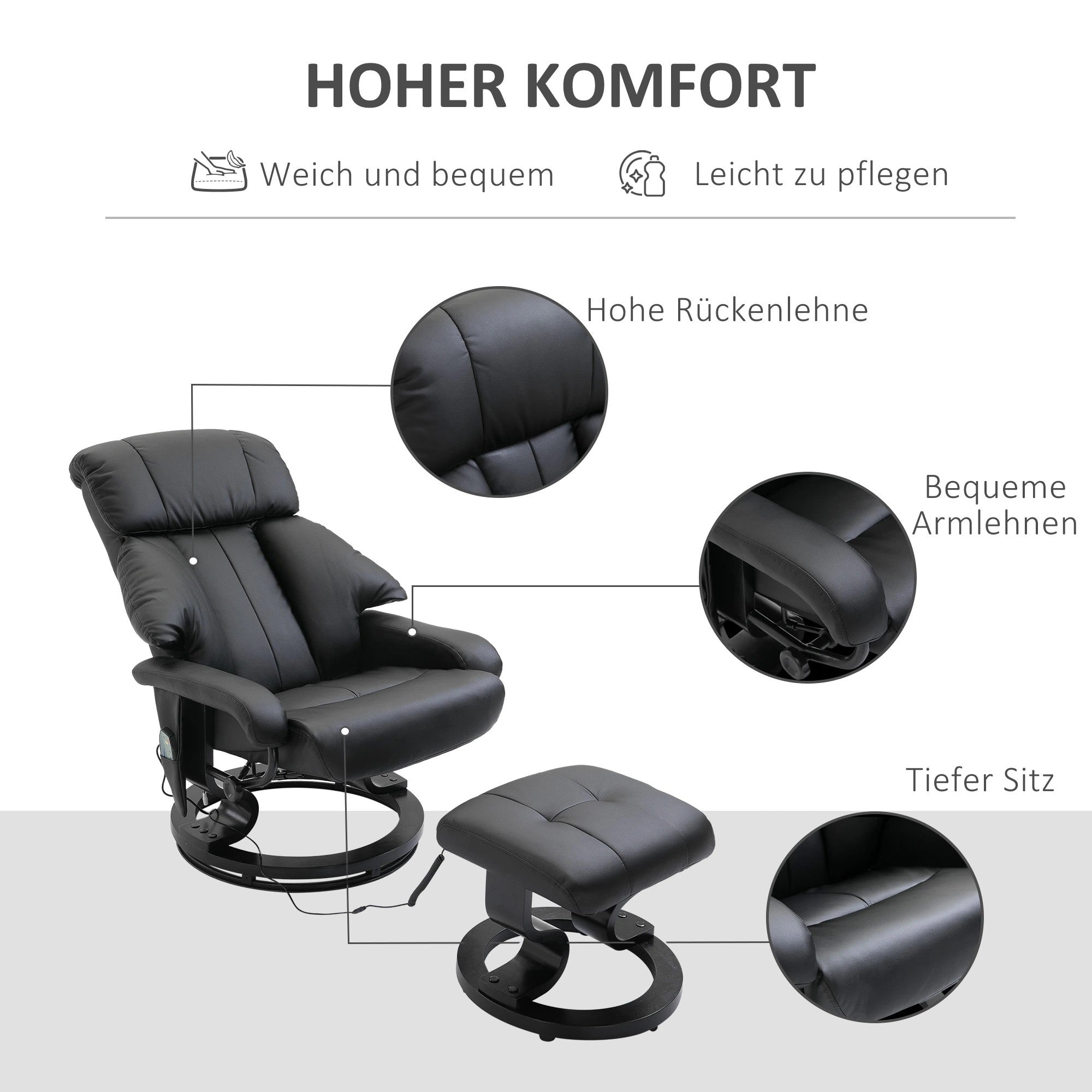 TV Armchair Reclining Deep Padding High Back 360° Swivel, Faux Leather Black