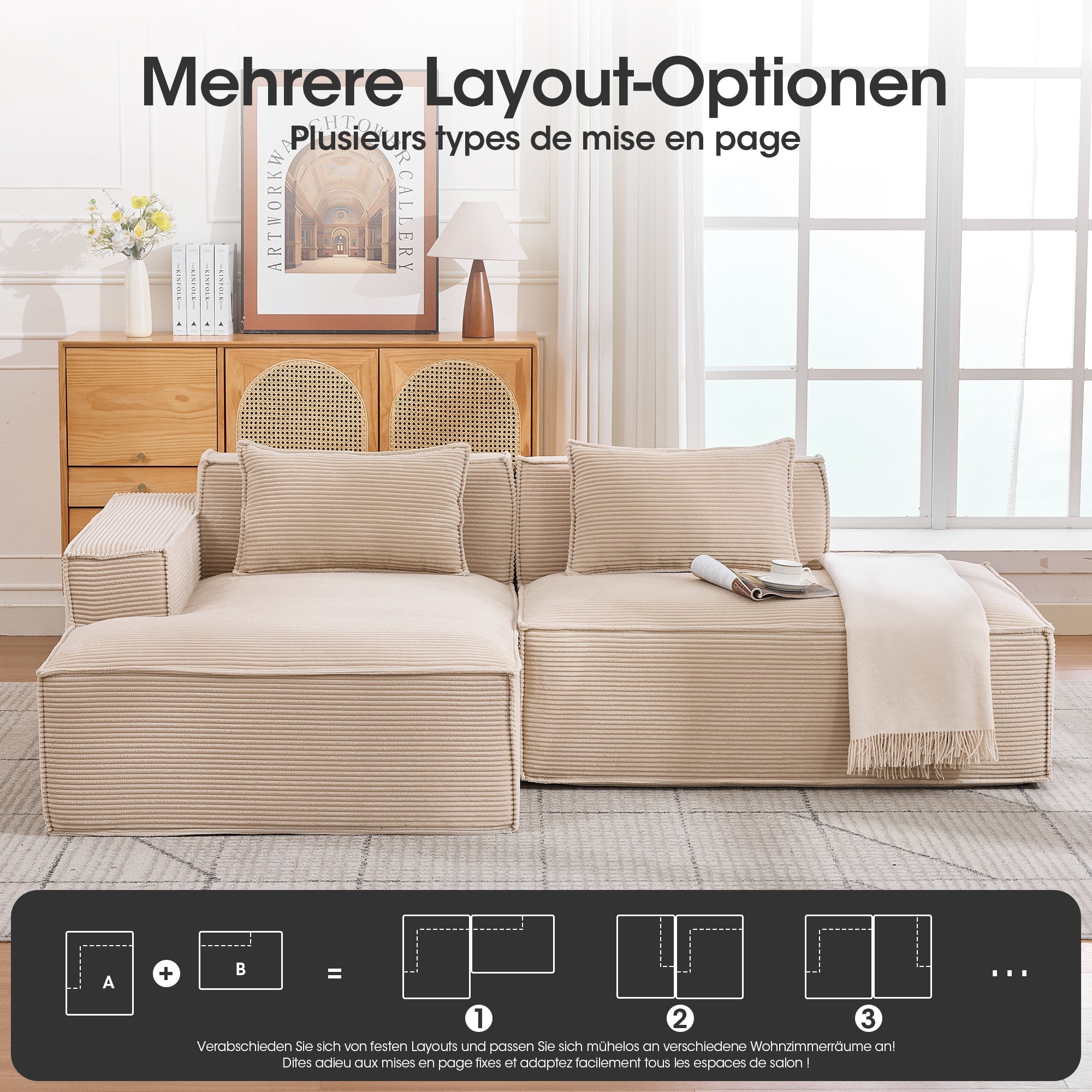 Economy Textile Sofa, 235 cm Wide with Two Cushions and Pencil Case, Modern and Comfortable, Textile