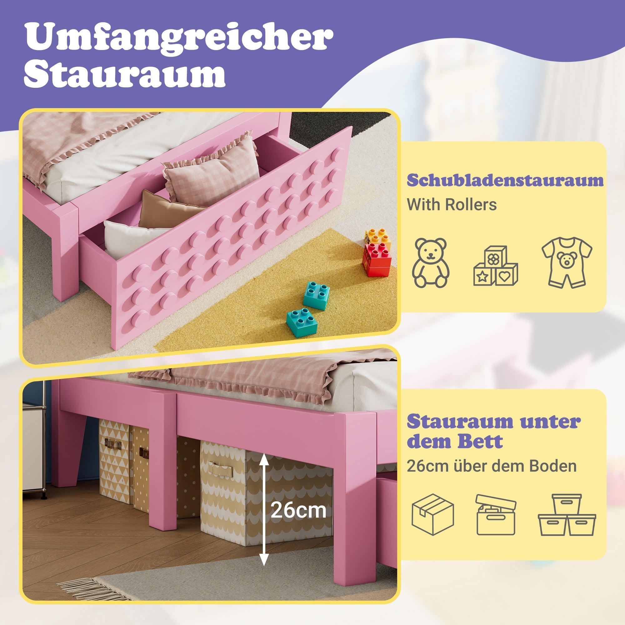 Wooden Single Bed 90x190cm Children's Creative Block Design with Drawers Pink