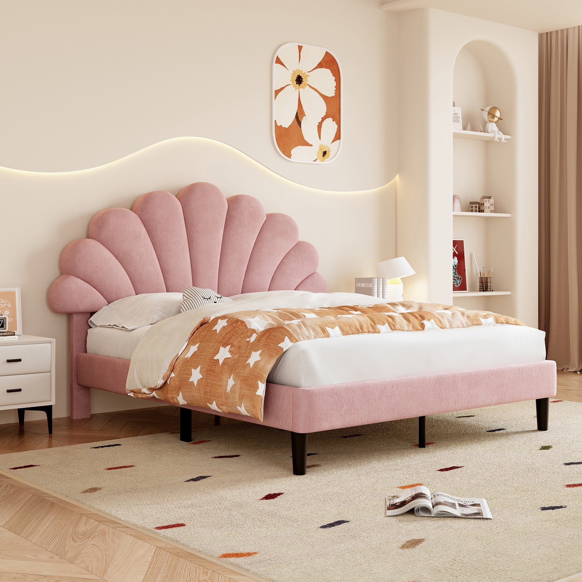 4ft6 Double Upholstered Velvet Bed Frame, Adjustable Chic Petal Headboard, Pink