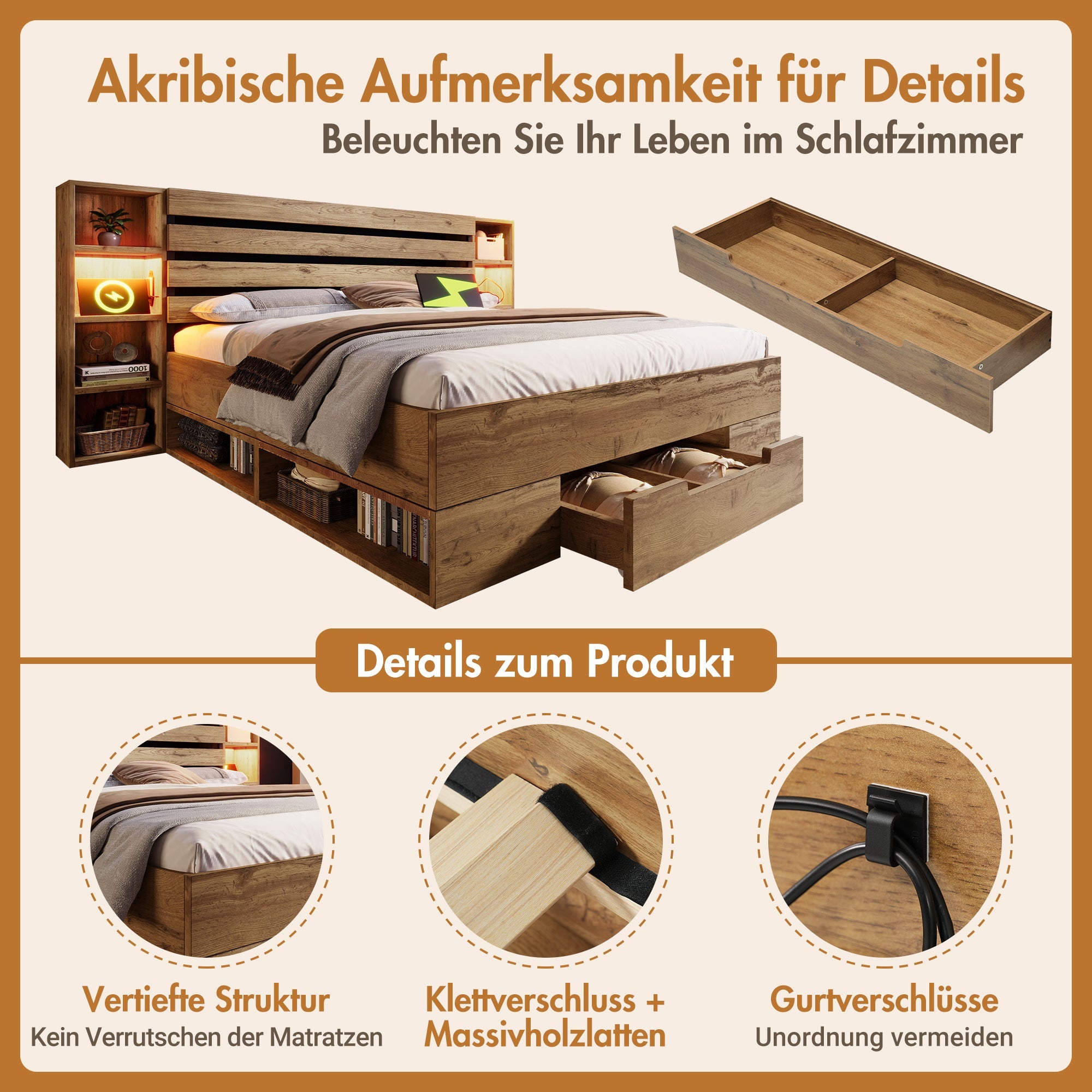 Double Bed 180x200cm Storage, LED, USB-C, Drawers, Wooden Slatted Base, Solid Wood Oak