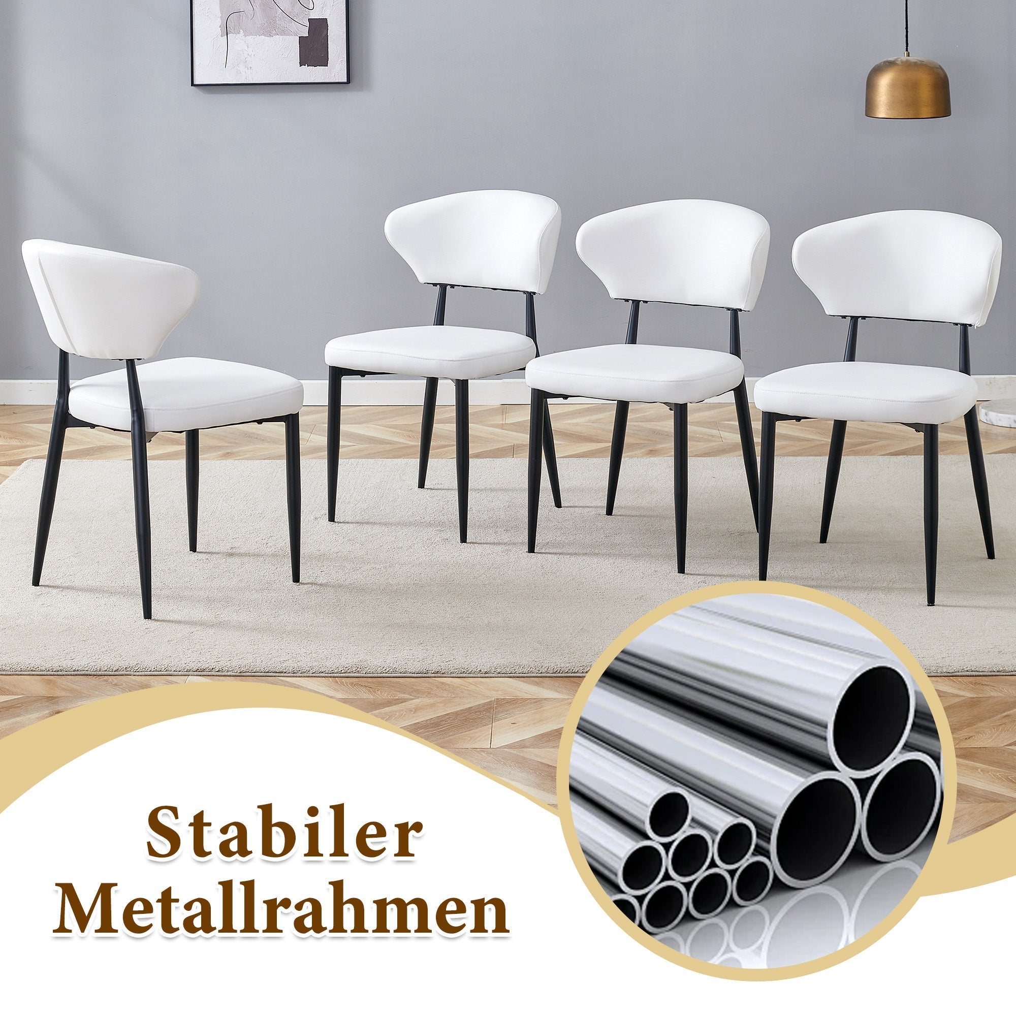 Round Table Set 100cm 4 Chairs Modern Minimalist - Black Wood/White PU