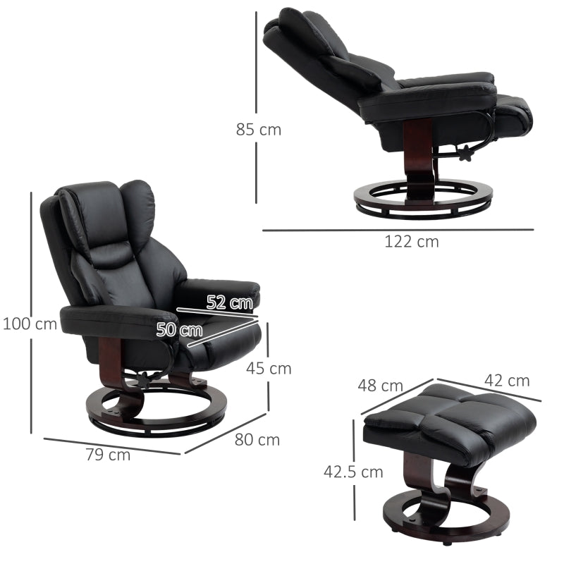 360° Swivel Recliner Chair with Footstool, Manual Recliner Armchair, Black PU Leather