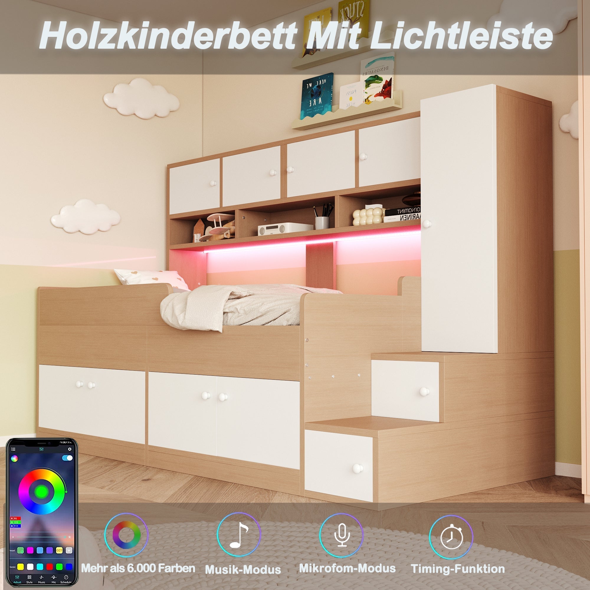 Wooden Children's Bed with Wardrobe, Shelves, Ladder and LED Lighting, 90x200cm, Wood Color