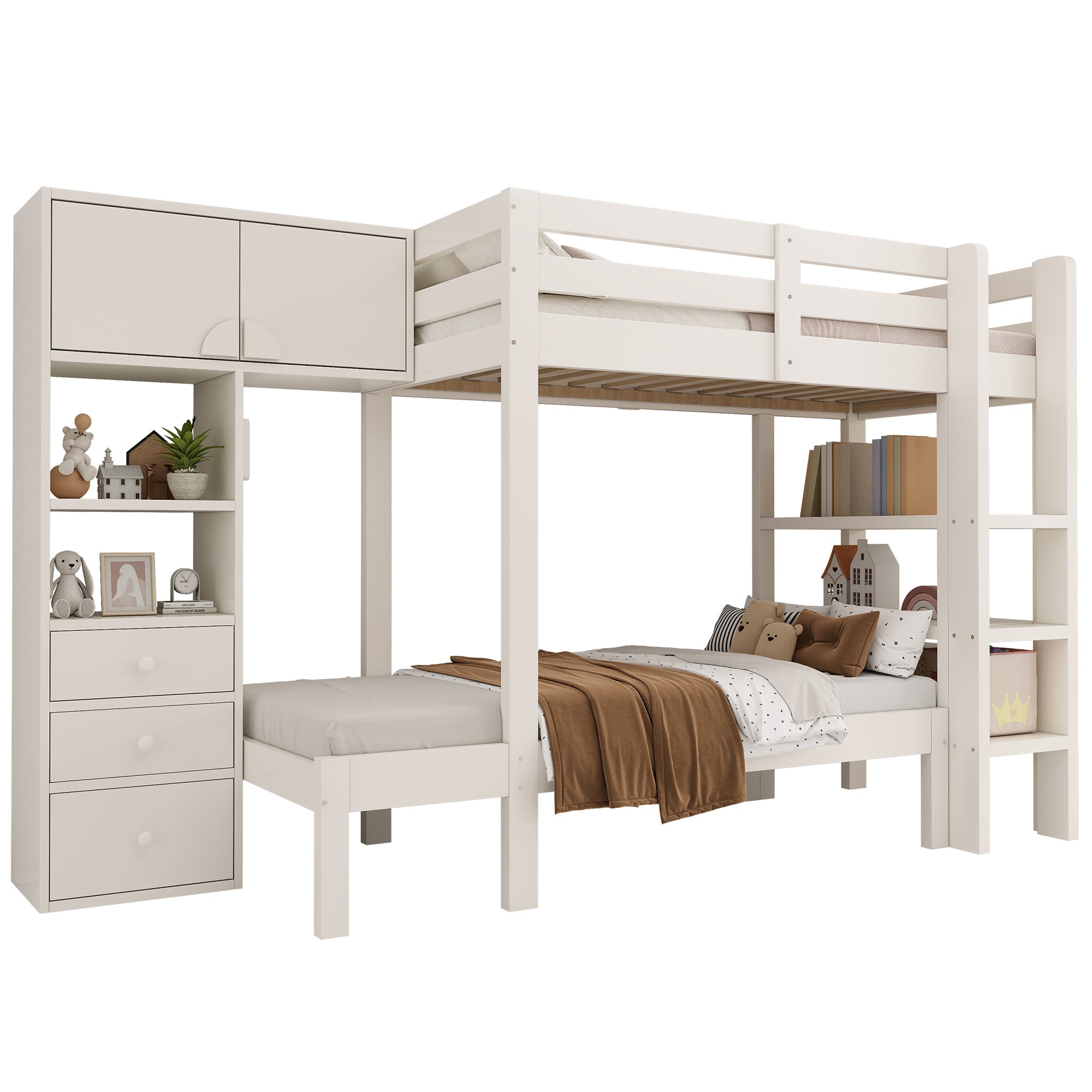 Bunk Bed 90x200cm Staggered Design Smart Night Light Wardrobe Storage, White