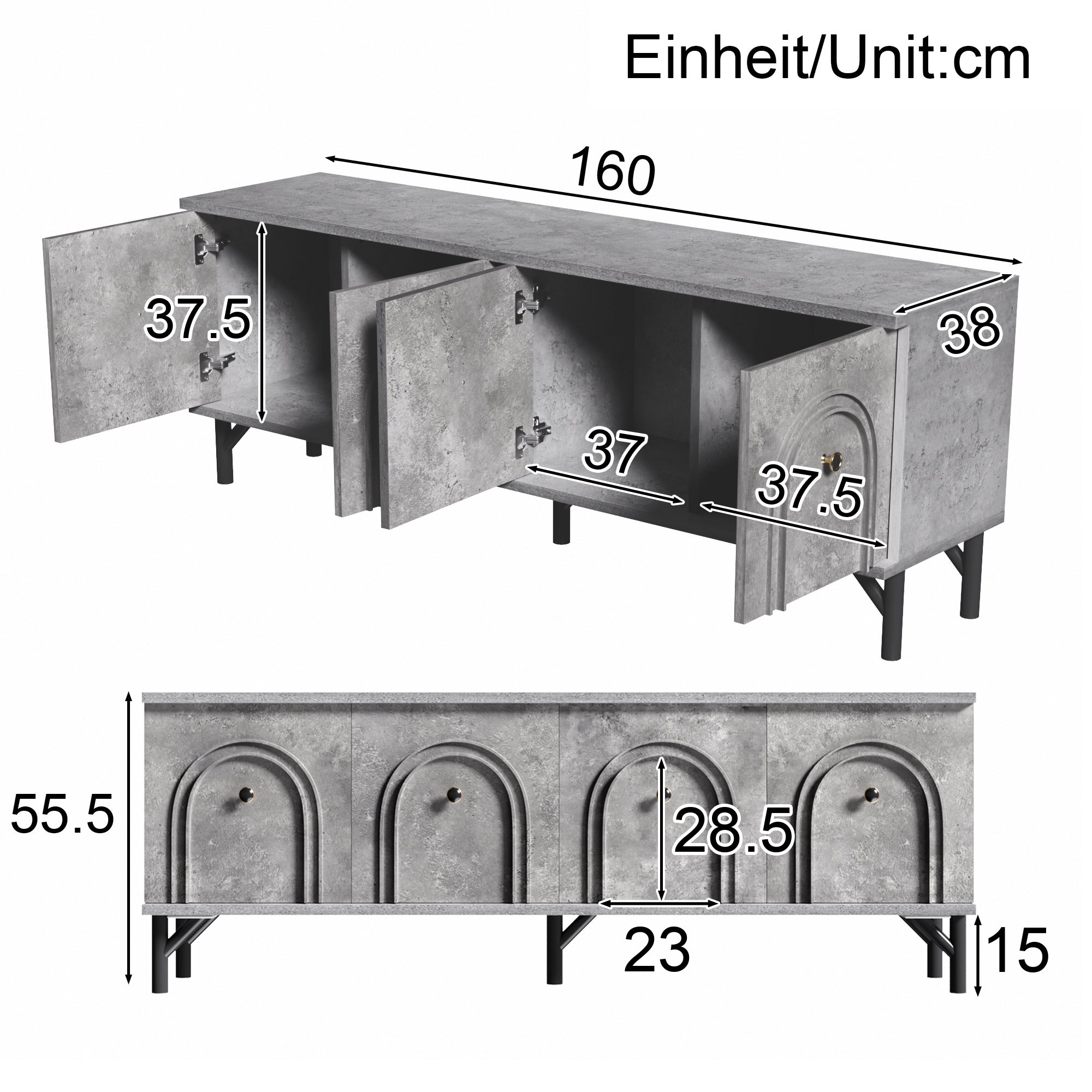 TV Stand, 4-Door 160 cm, Stylish Design, Soft-Close Hinges, Grey