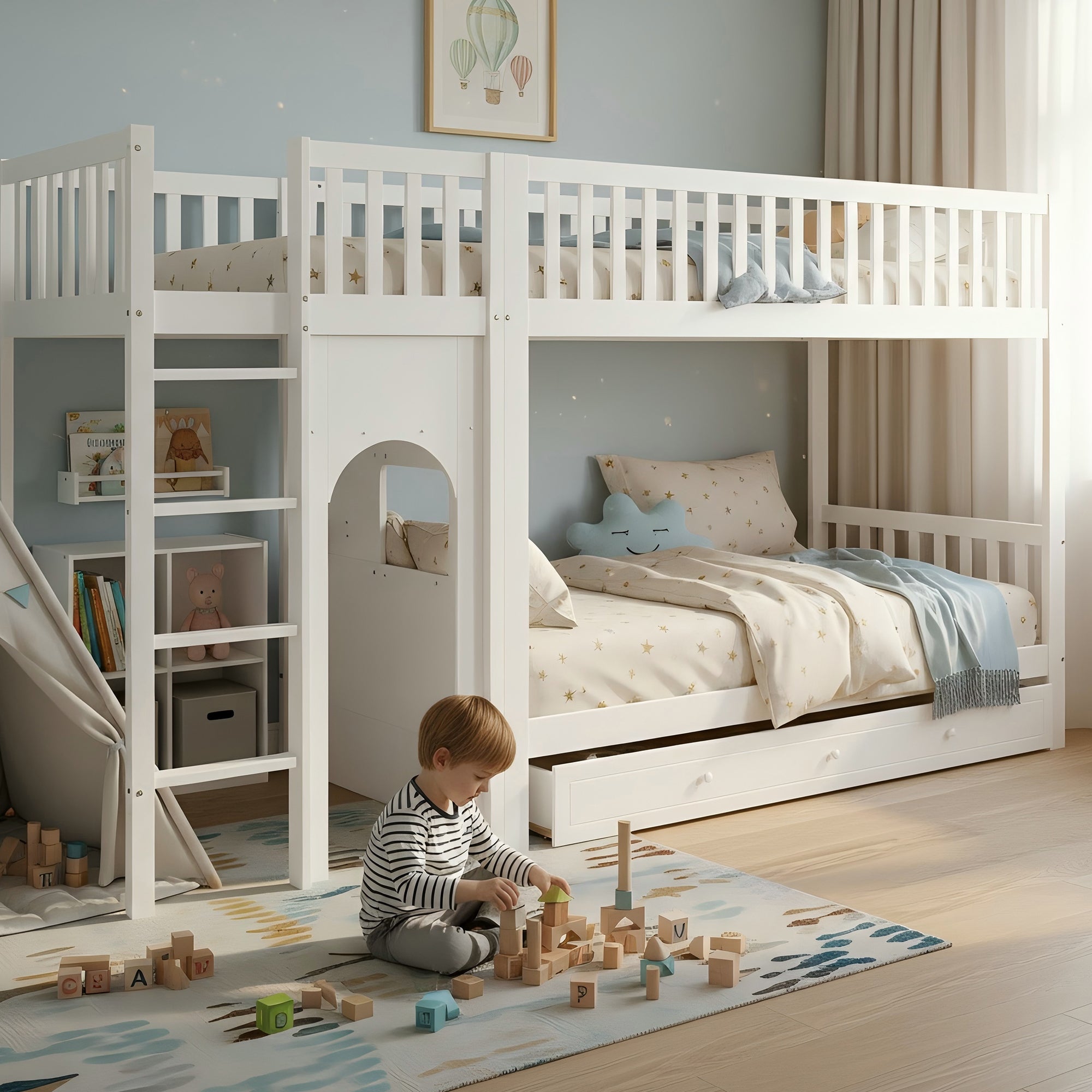 Bunk Bed for Children with Straight Ladder and Safety Railings, 90x200cm, White Pine + MDF