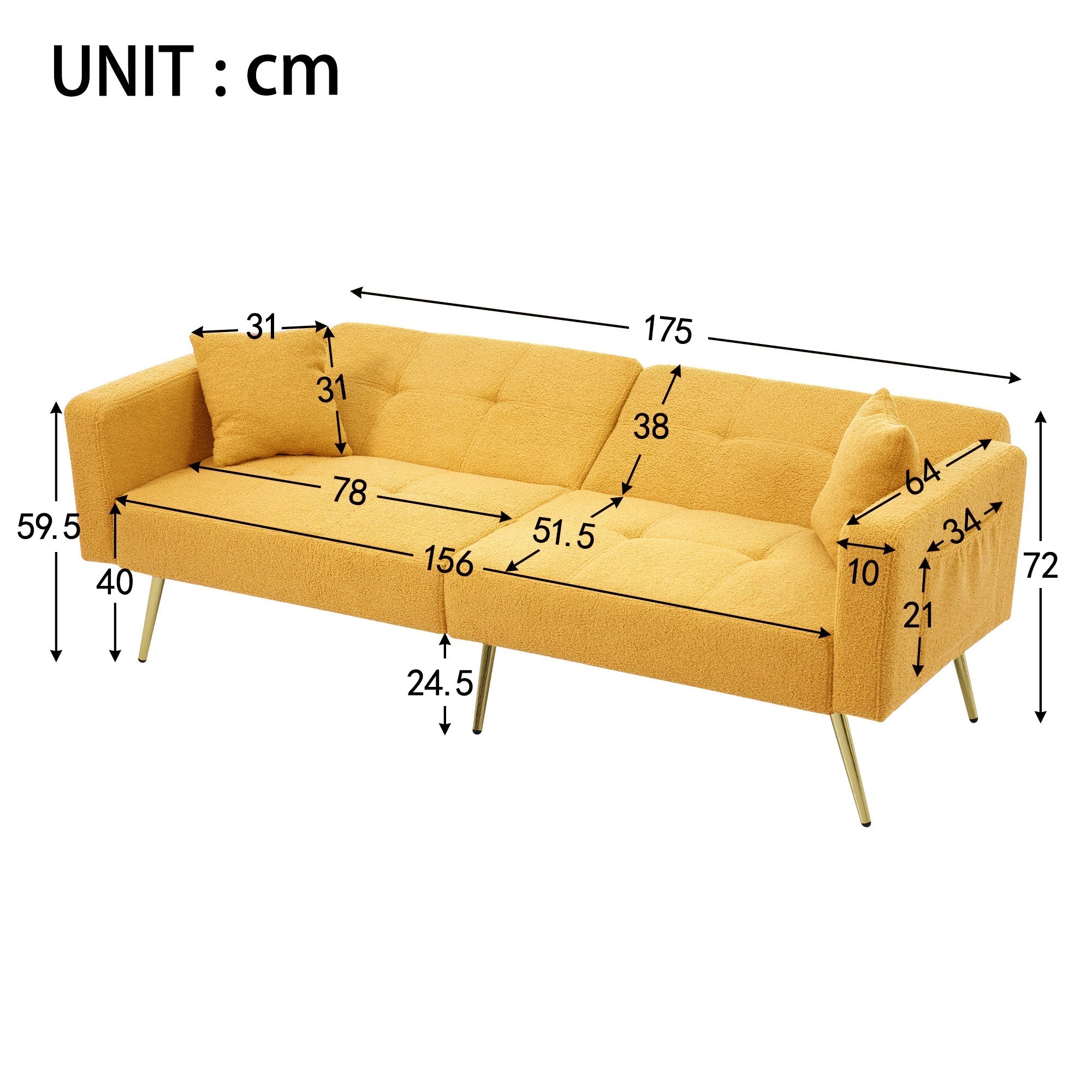 Sofa Bed Adjustable Angle Storage Side Pockets Gold Legs