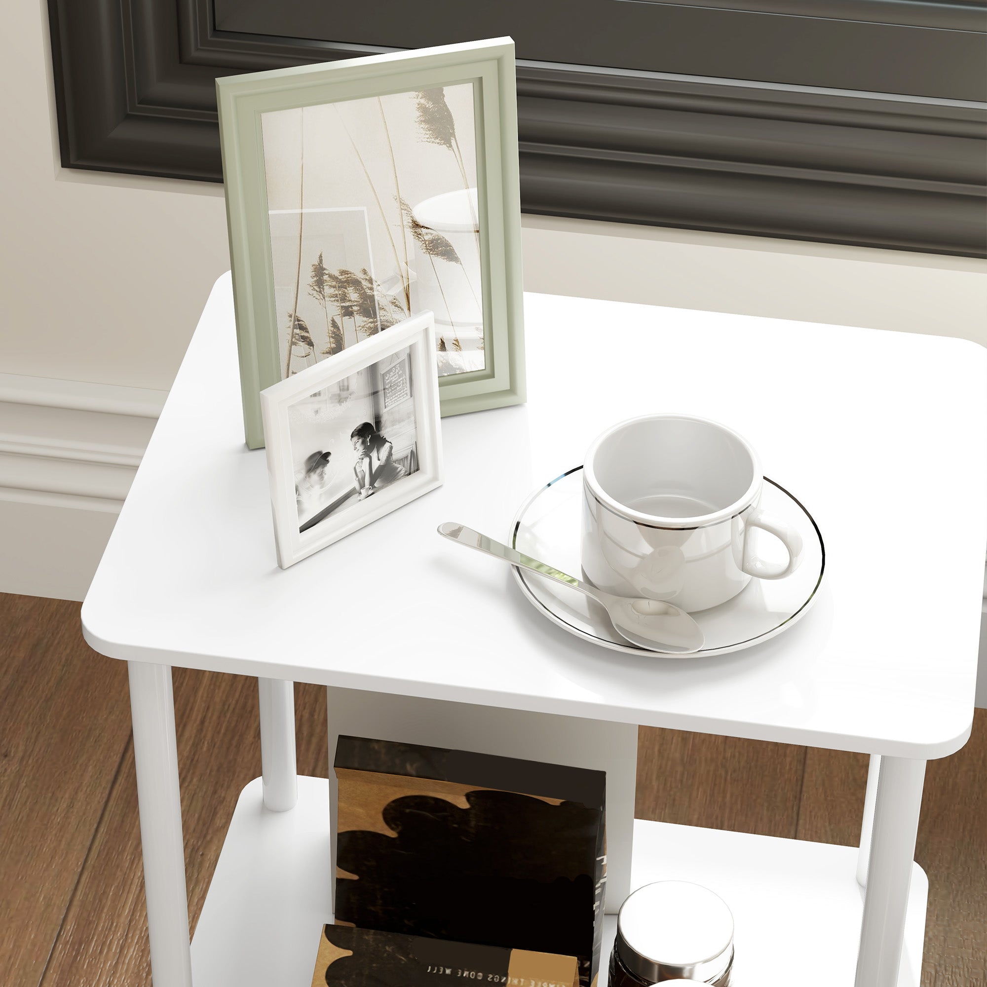 Side Table, 2-Tier Coffee Table with Storage, Metal Frame, White