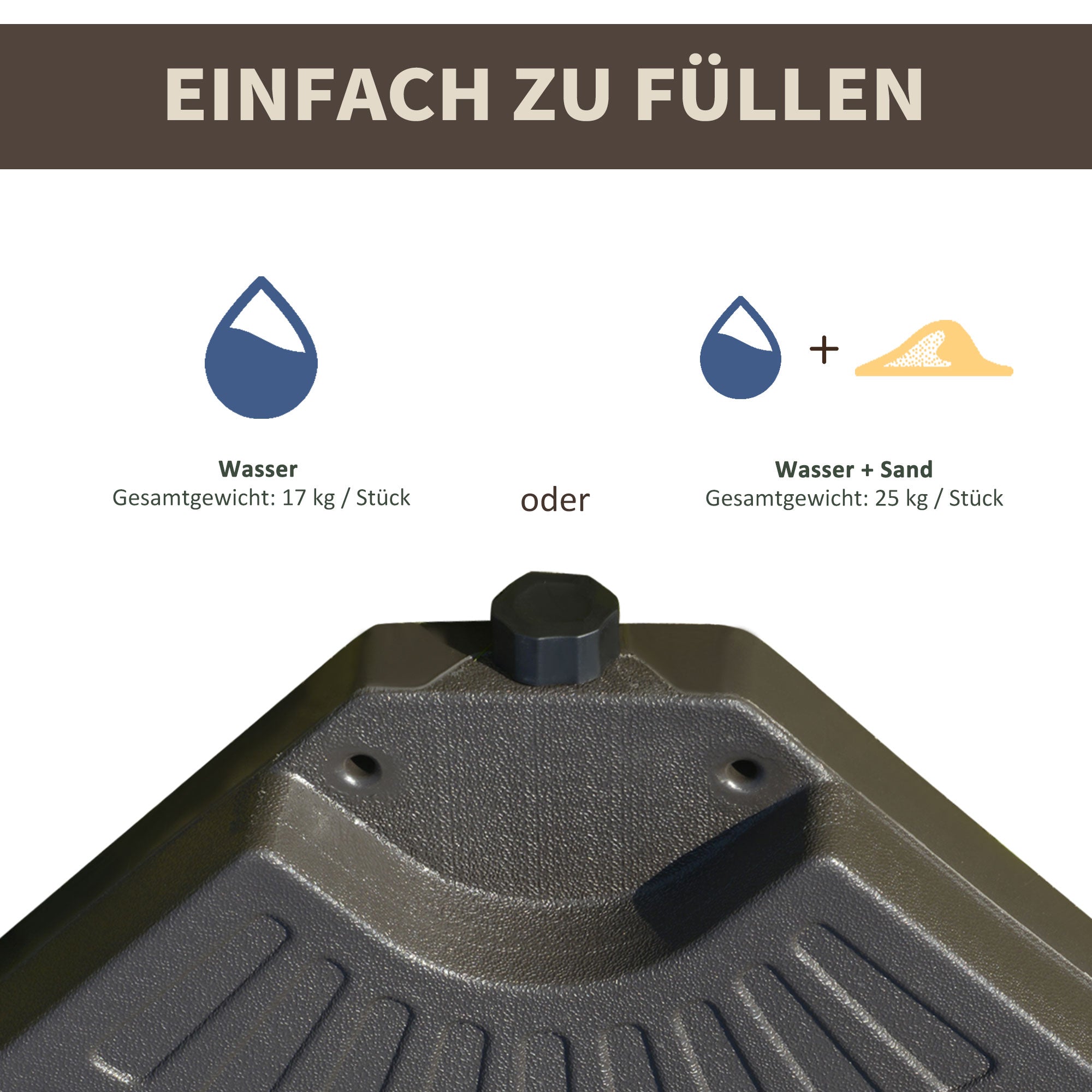 Parasol Base Fillable 17kg Water/25kg Sand HDPE, Coffee Color