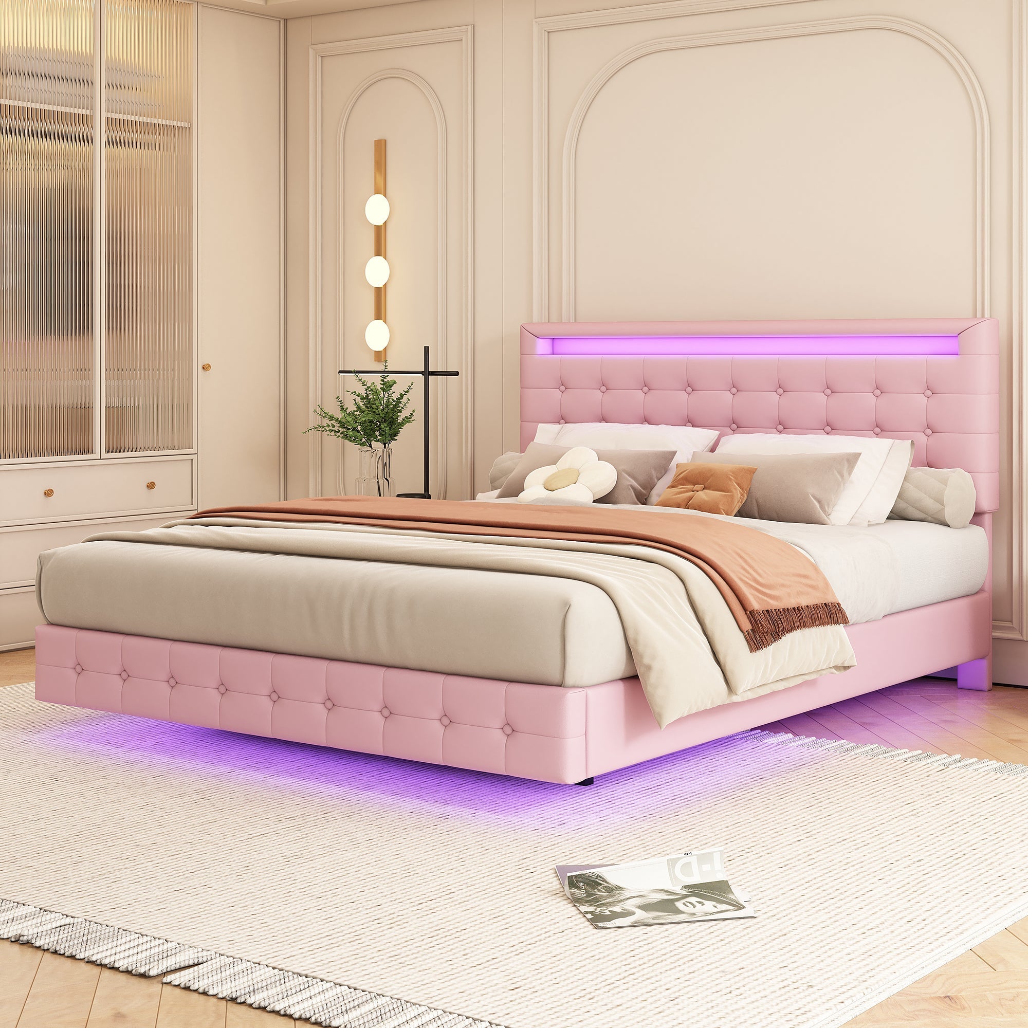 Flatbed 140x200cm LED Light Adjustable Headboard - Pink PU