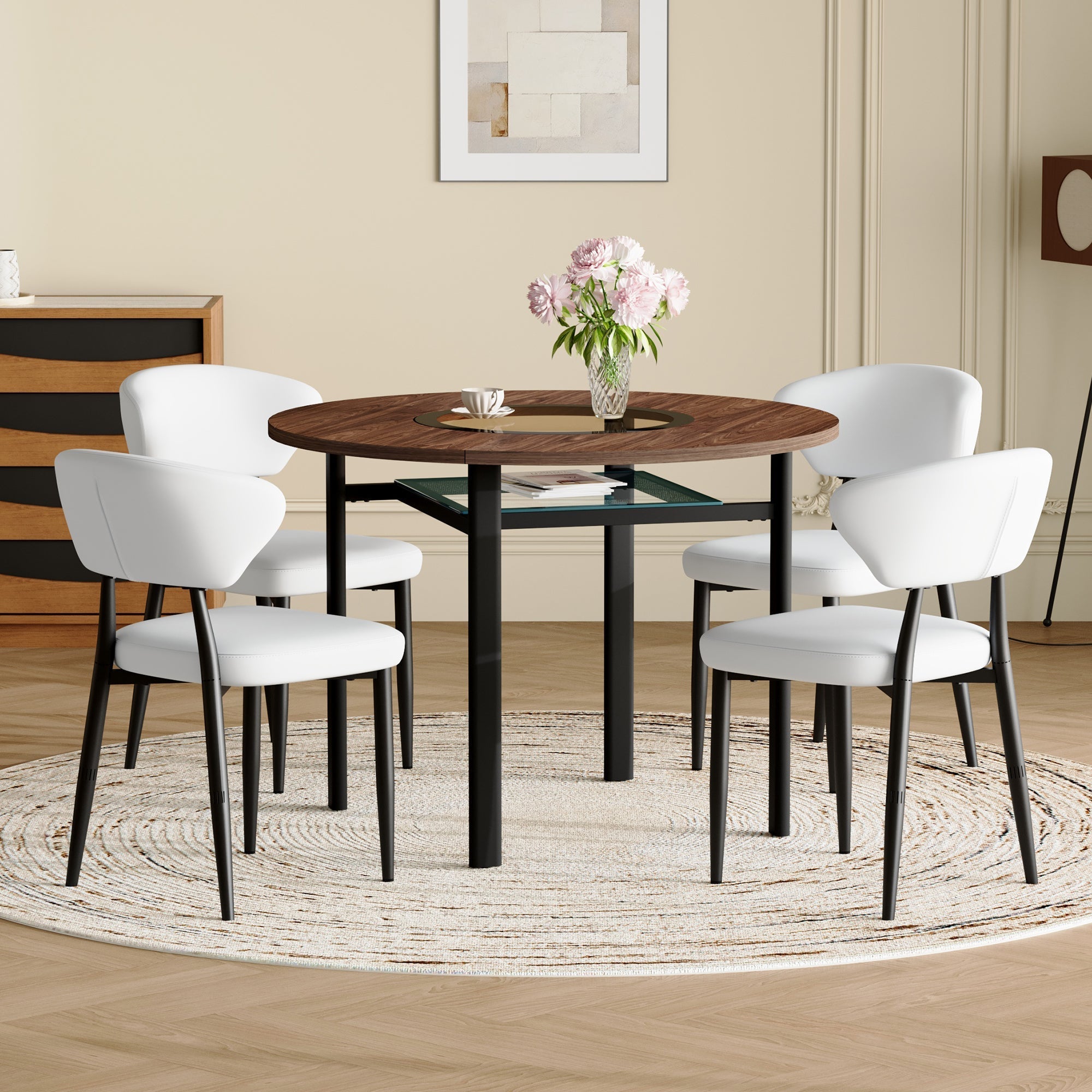 Round Table Set 4 Armchairs 100cm Wood Look - White PU