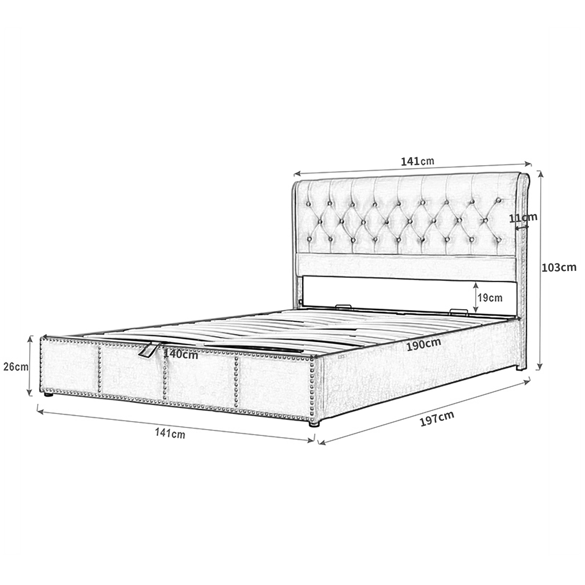 Upholstered Bed 140x190cm Hydraulic Storage Studded - Cotton-Linen