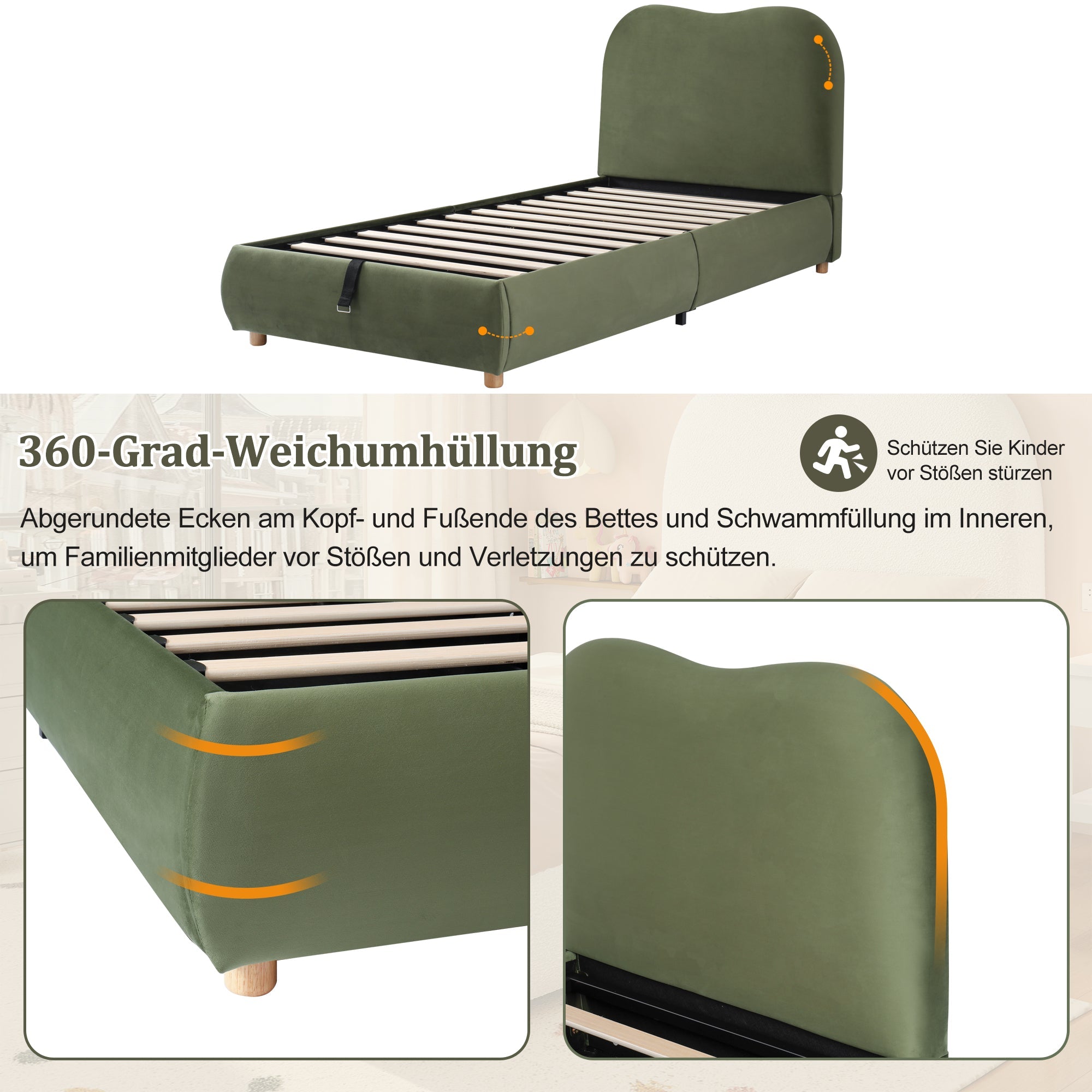 Upholstered Bed 90x200cm, Hydraulic Storage, Headboard & Slatted Frame, Velvet Green