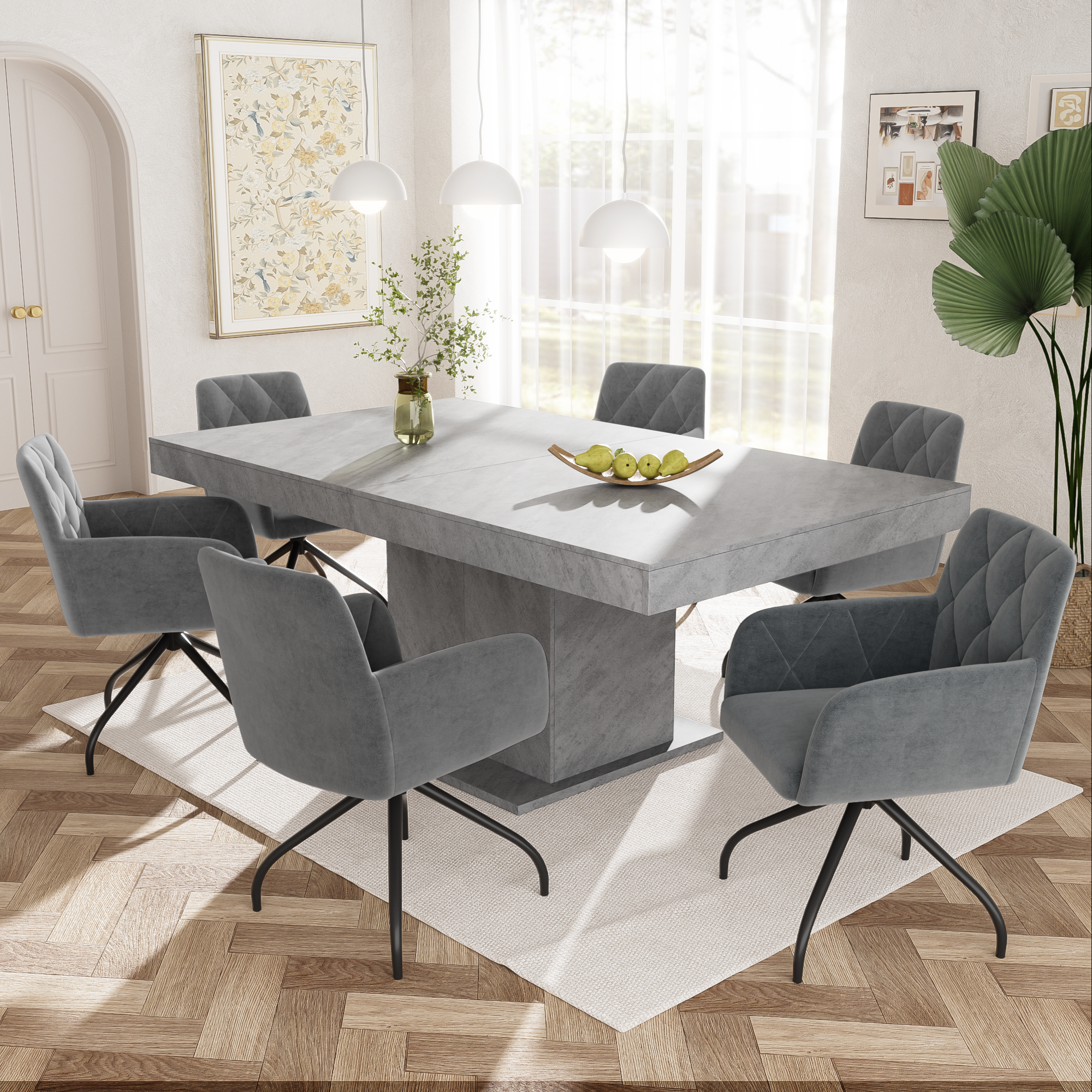 Set of 2 Swivel Dining Chairs Upholstered Diamond Pattern Lumbar Support Anthracite Velvet