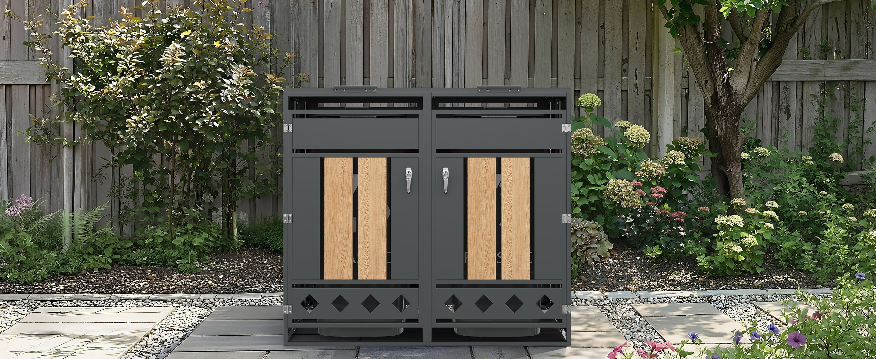 Bin Storage Box with Hinged Lid and Lockable Two Doors, Vertical Wood Grain