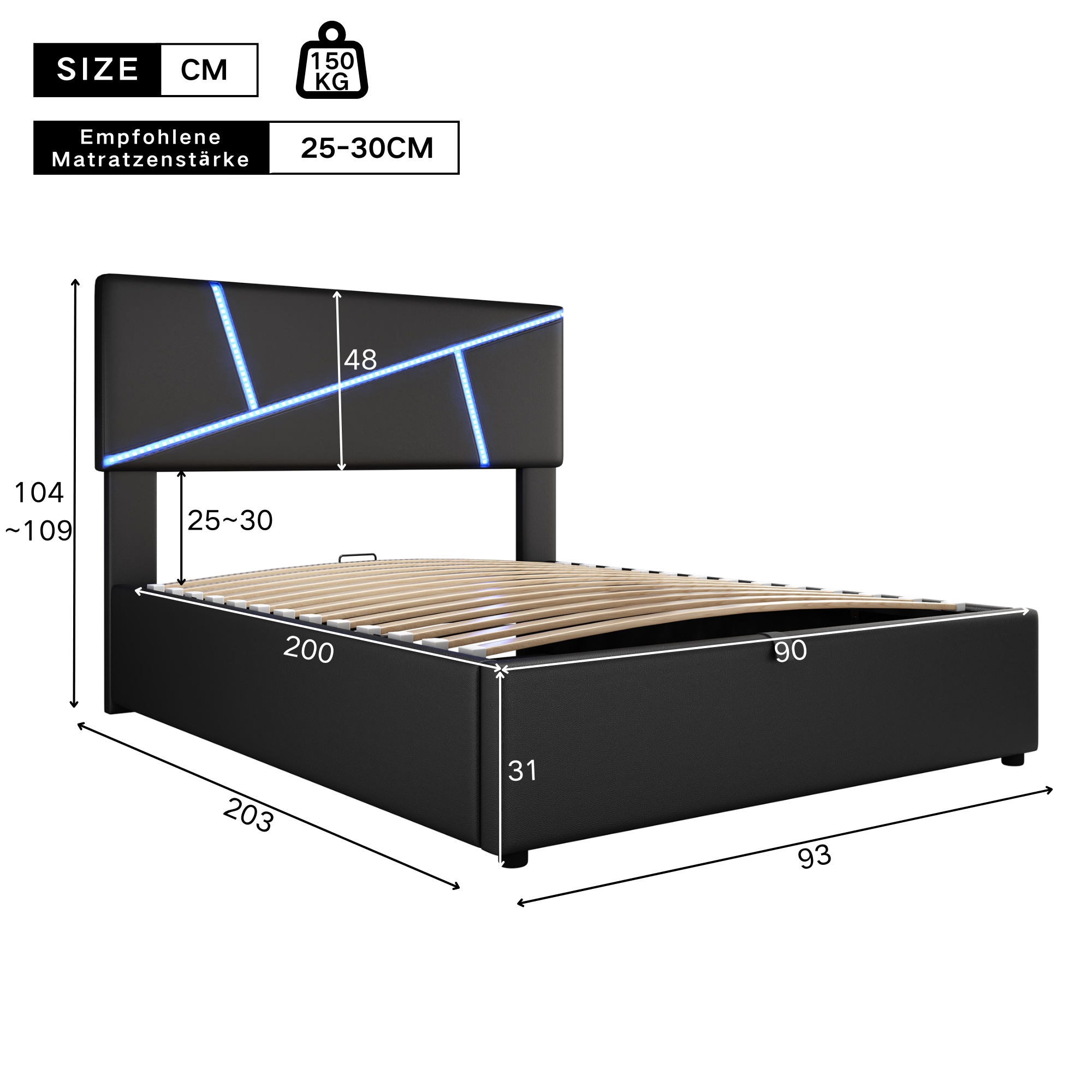 Upholstered Bed with LED Lights, Hydraulic Storage and Slatted Frame, 90x200cm, Black Synthetic Leather