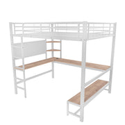 Loft Bed with Desk, Shelves, LED and USB Sockets, White Metal and MDF