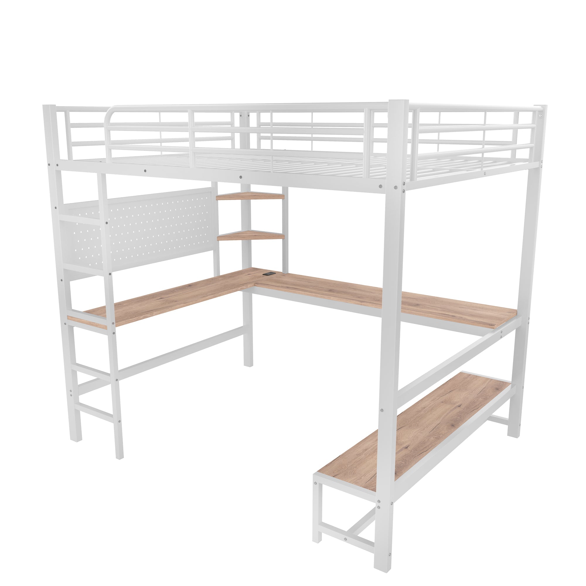 Loft Bed with Desk, Shelves, LED and USB Sockets, White Metal and MDF