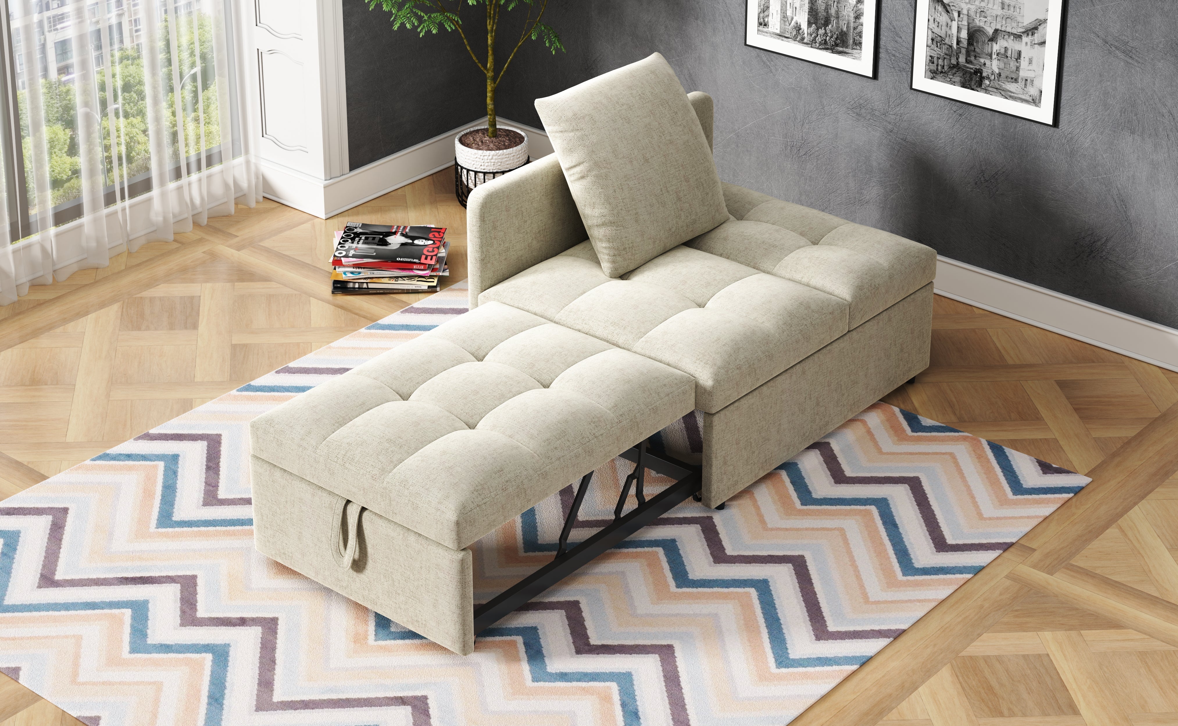 3-in-1 Multifunctional Sofa Bed, Space-Saving Sleeper with Linen Fabric, Grey/Beige