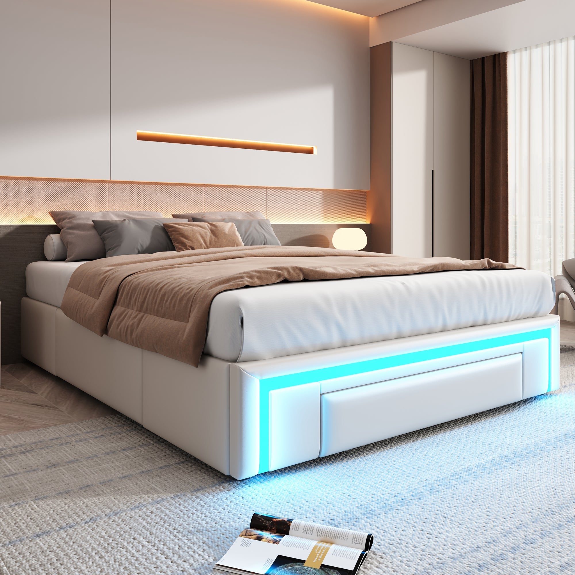 Bed Frame 140x200 with Drawers, LED Light Bar, Metal Slatted Platform, PU Leather Beige
