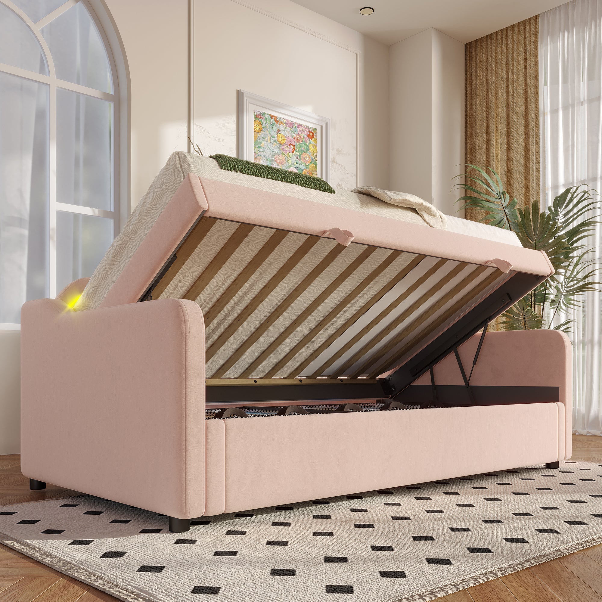 Single pink bed with storage