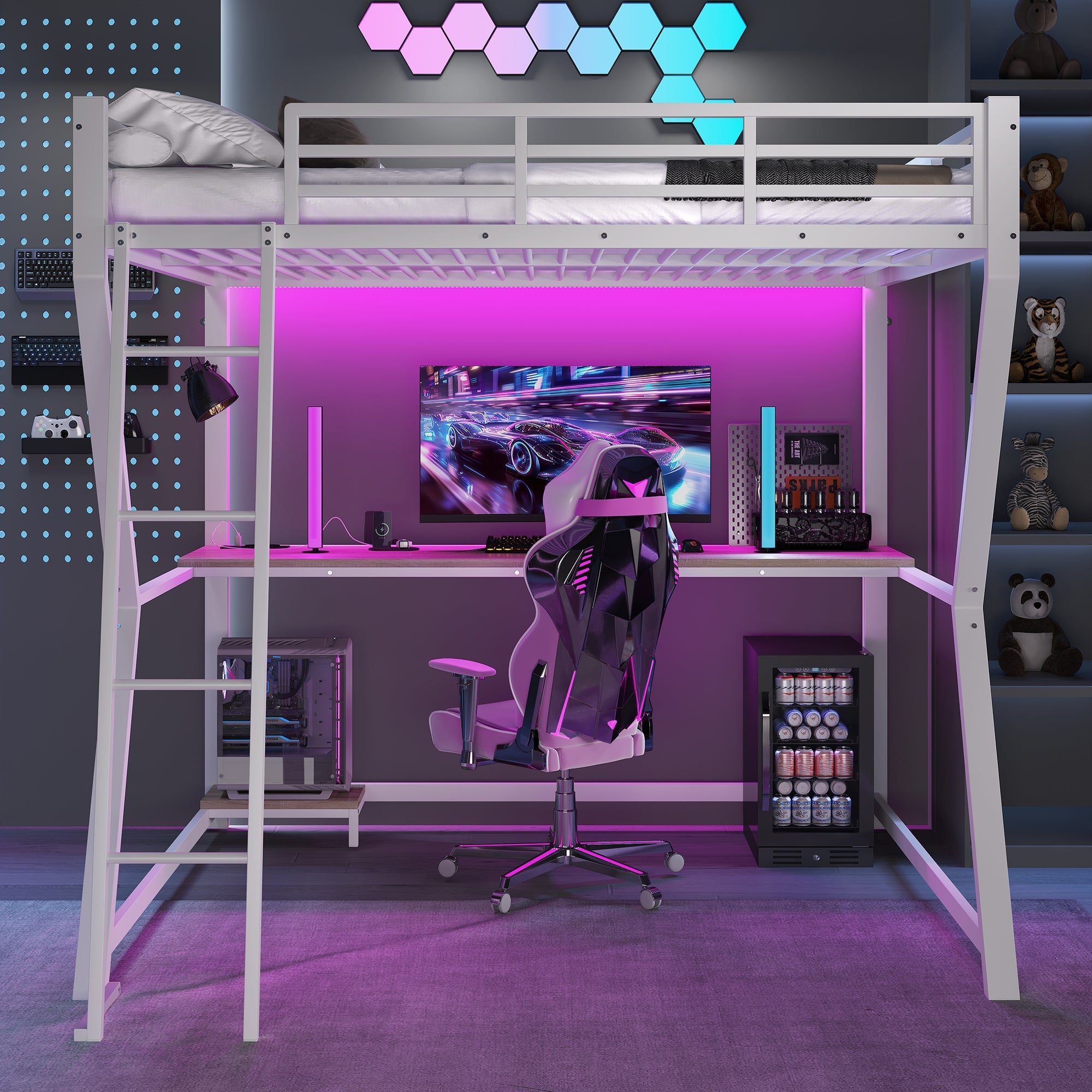 Loft Bed 140x200cm with LED Lights Desk USB/Power Outlet Stairs Storage Shelf White