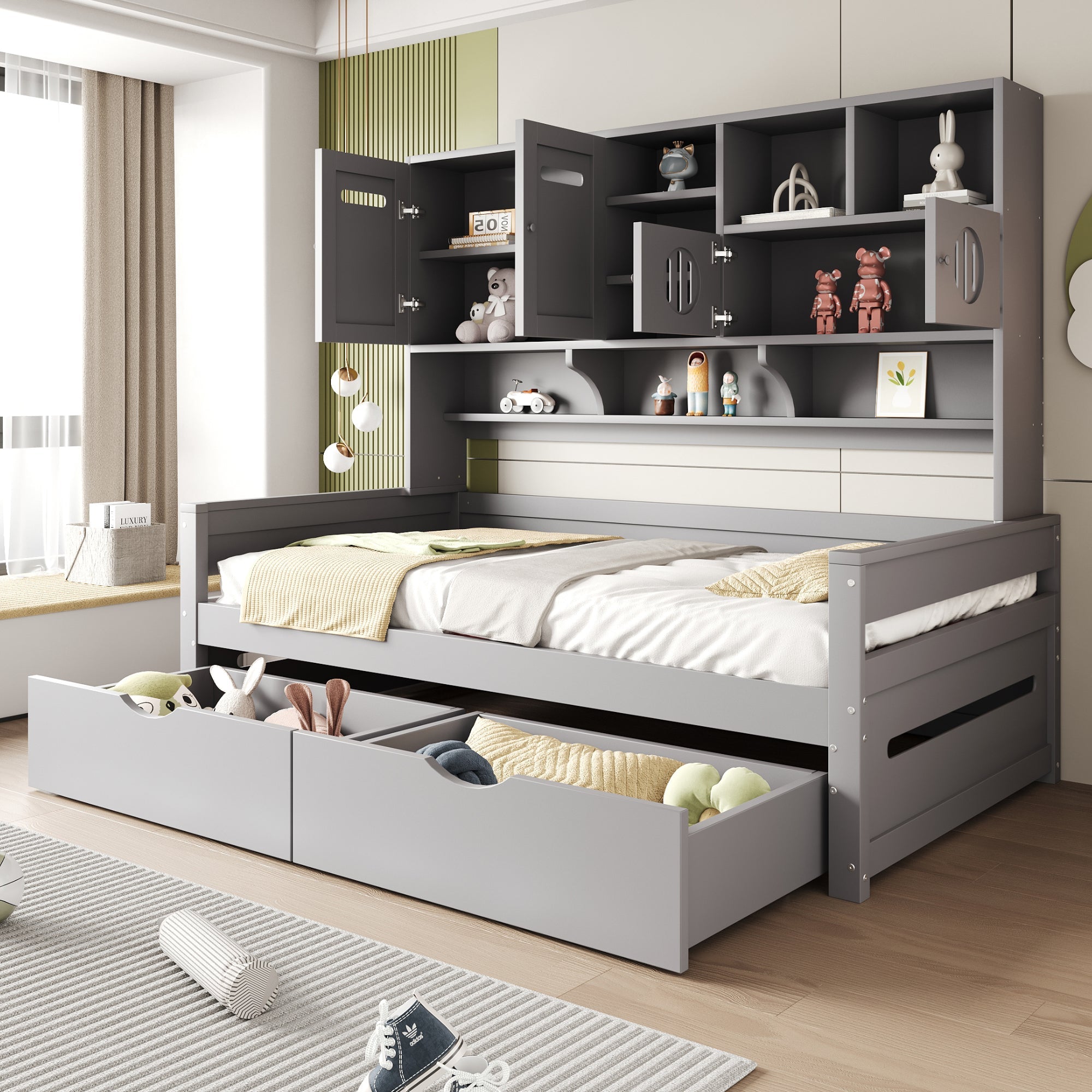 Wooden Sofa Bed, 90x200cm, Multifunctional Storage, Large Drawer, Grey