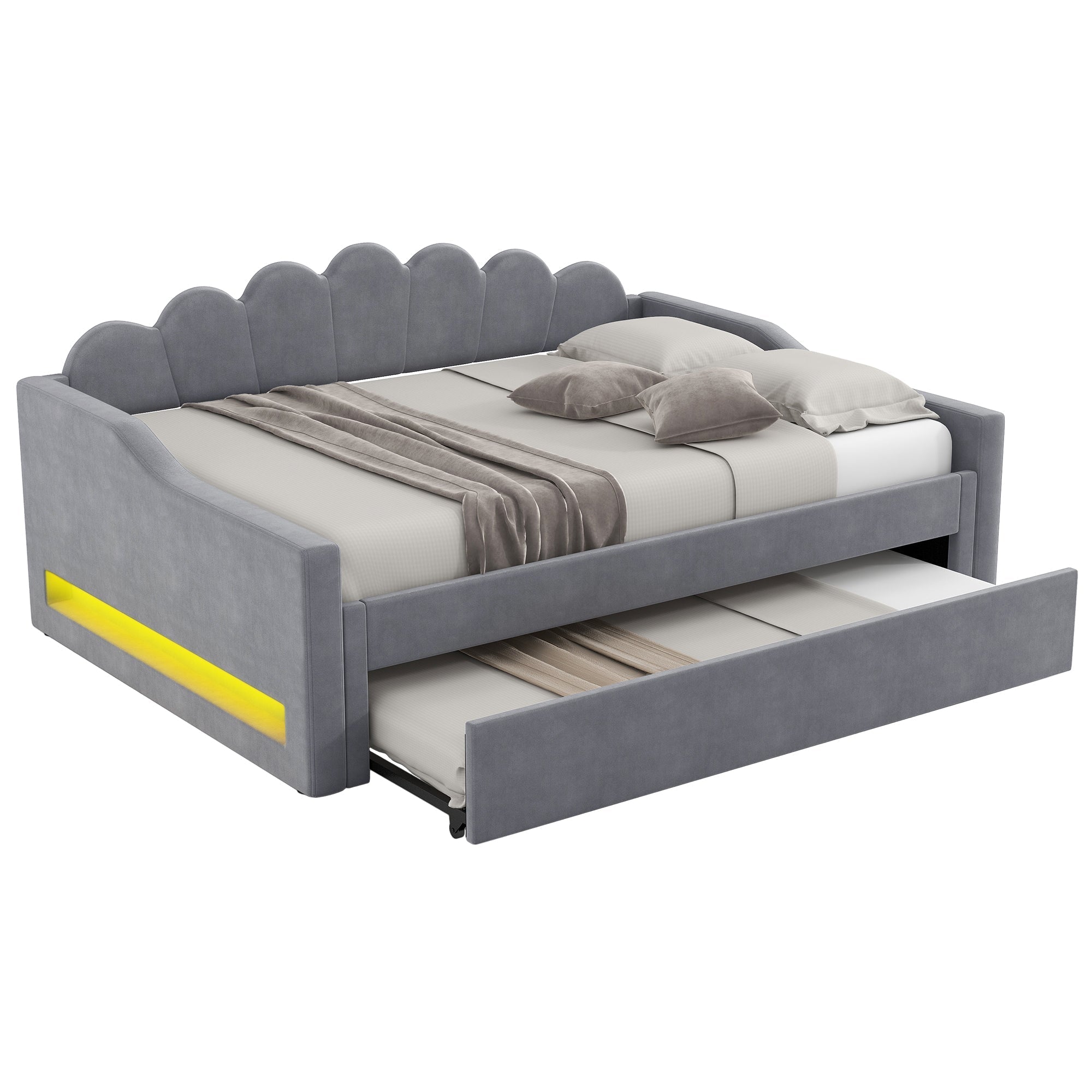 Daybed Upholstered 140x200cm LED Pull-out Bed - Grey