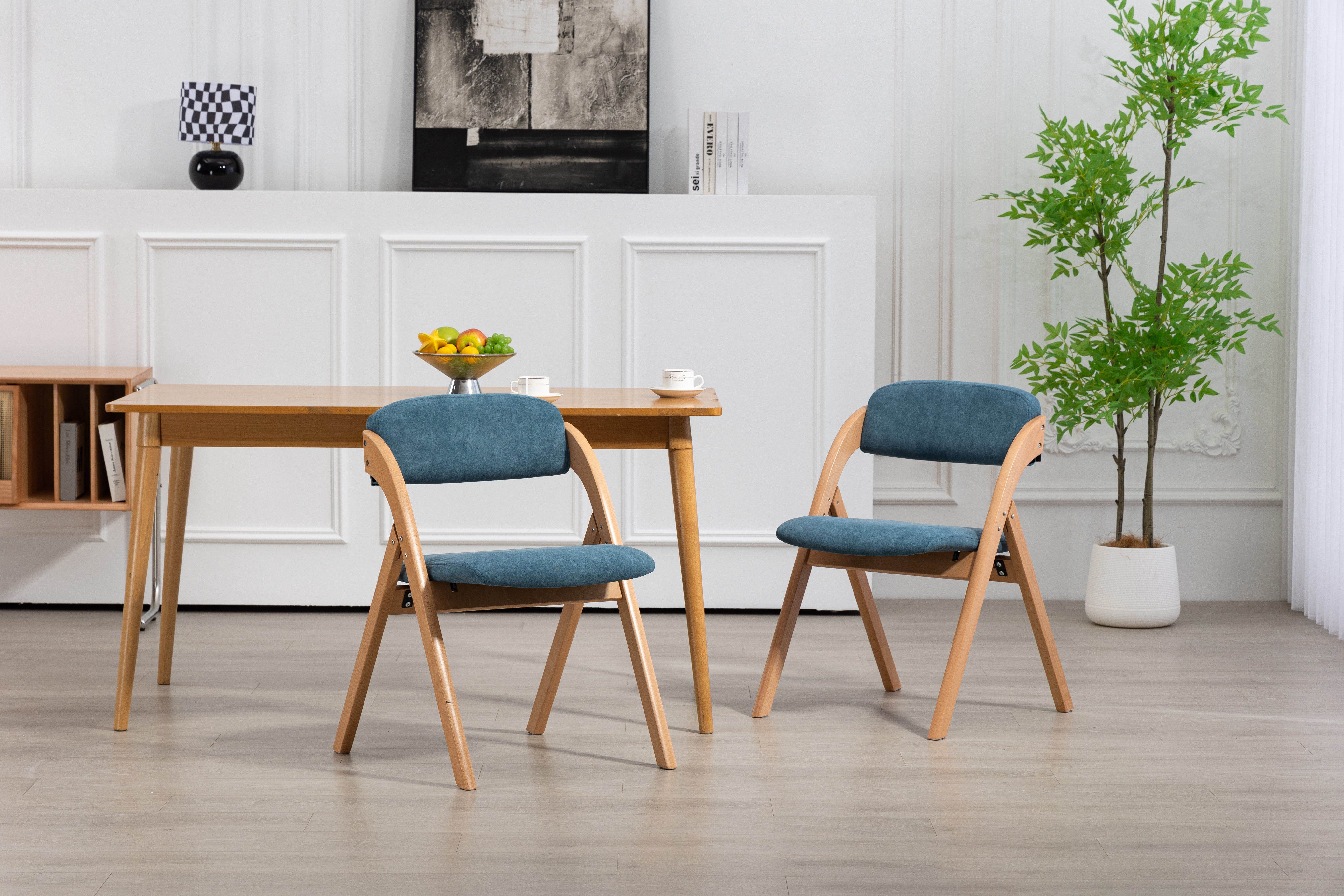 Folding Dining Chairs Set of 2 Stackable Wooden Padded Seats Blue