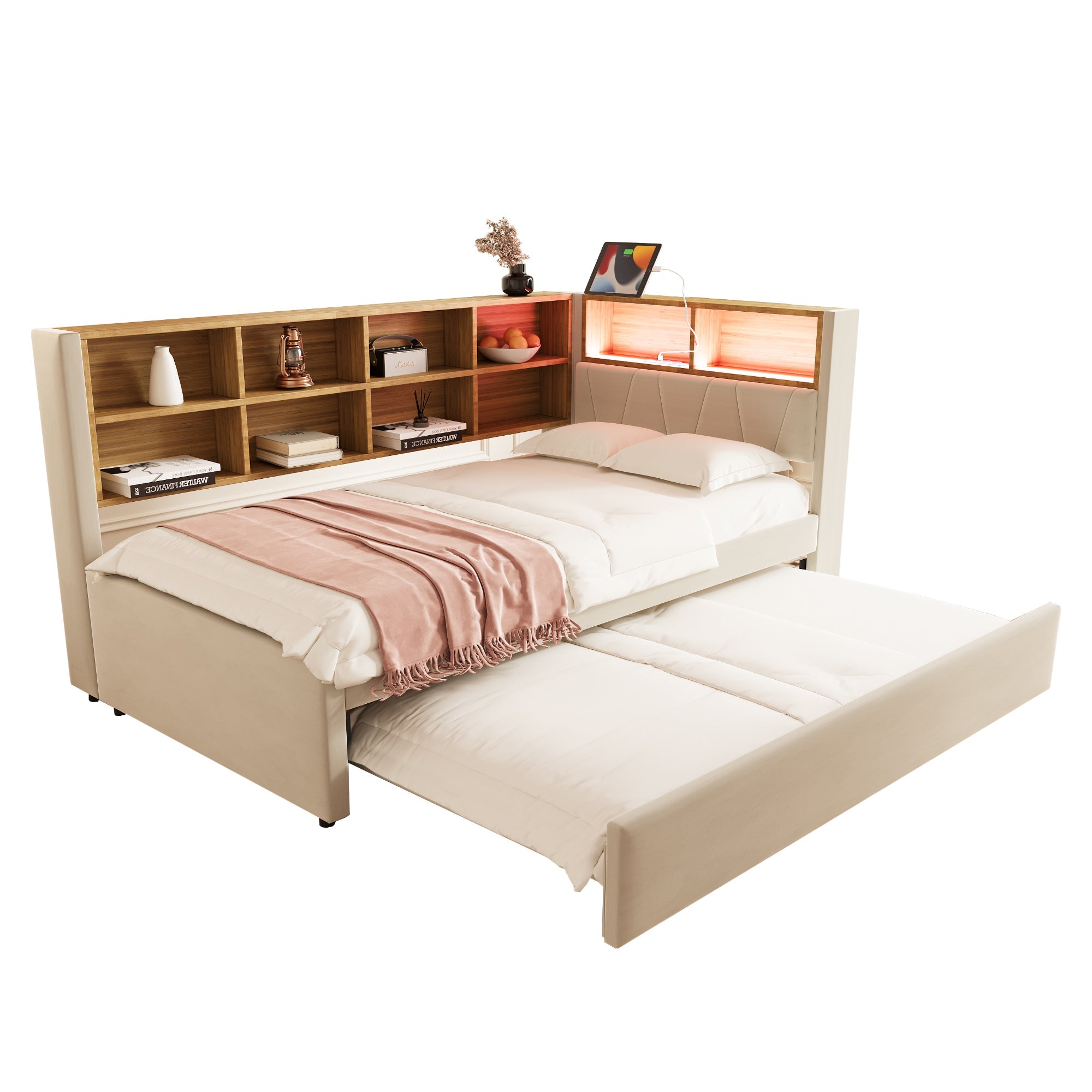 Sofa Bed 90x200 Pull-Out LED Storage Flannel Beige