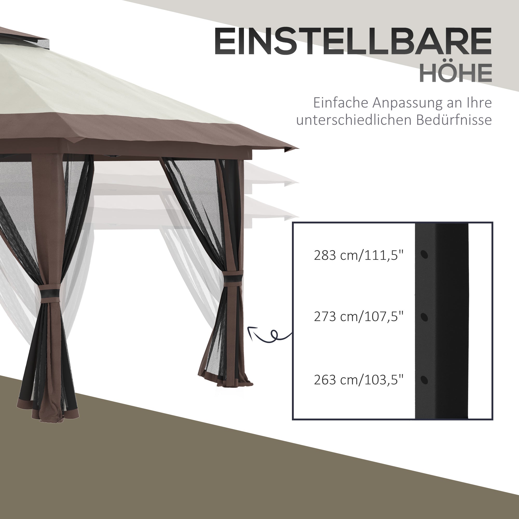 Folding Gazebo 4x4m Height Adjustable UV Protection Net Curtains Double Roof, Beige
