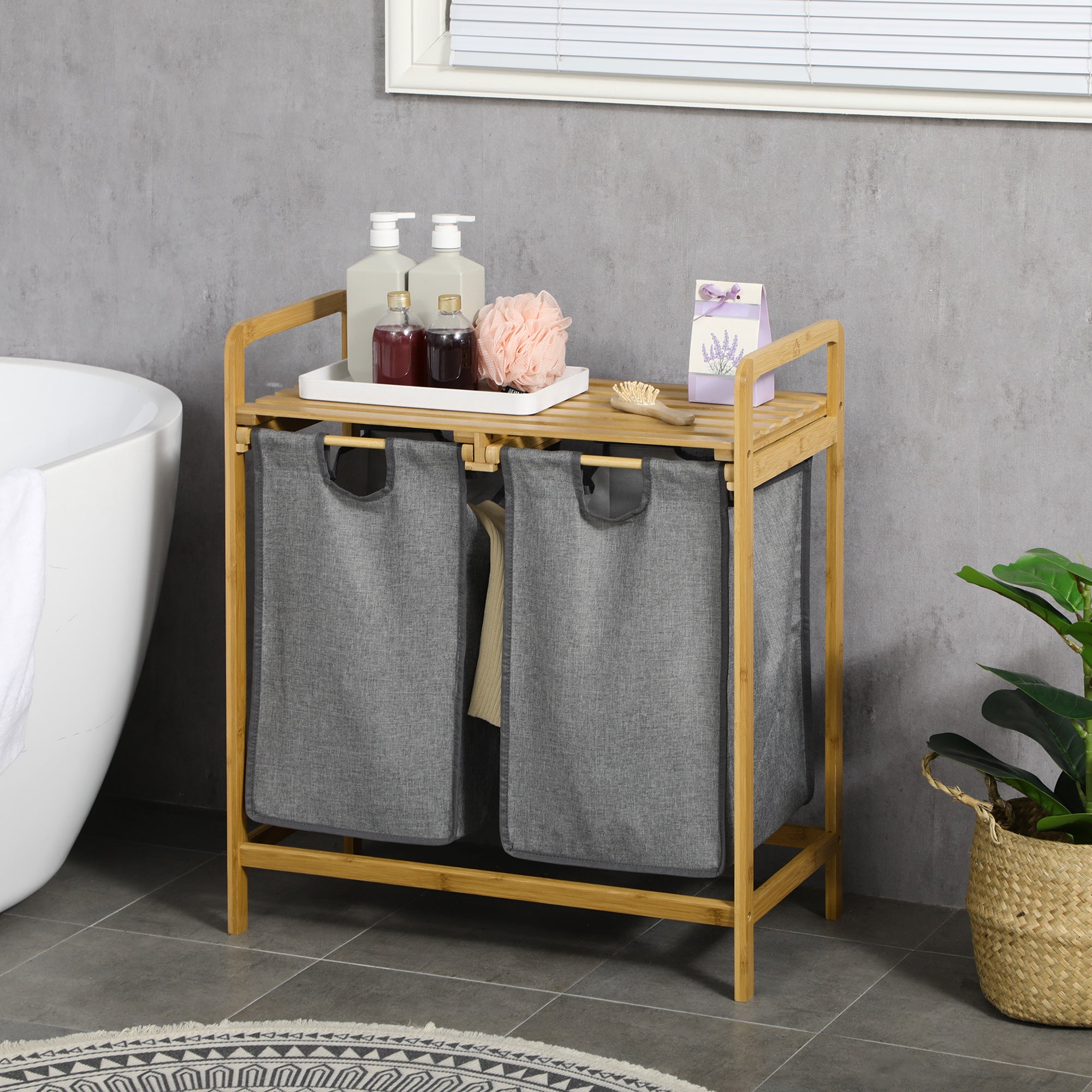 Laundry Basket with Platform, 2 Bags, Bamboo Grey+Natural