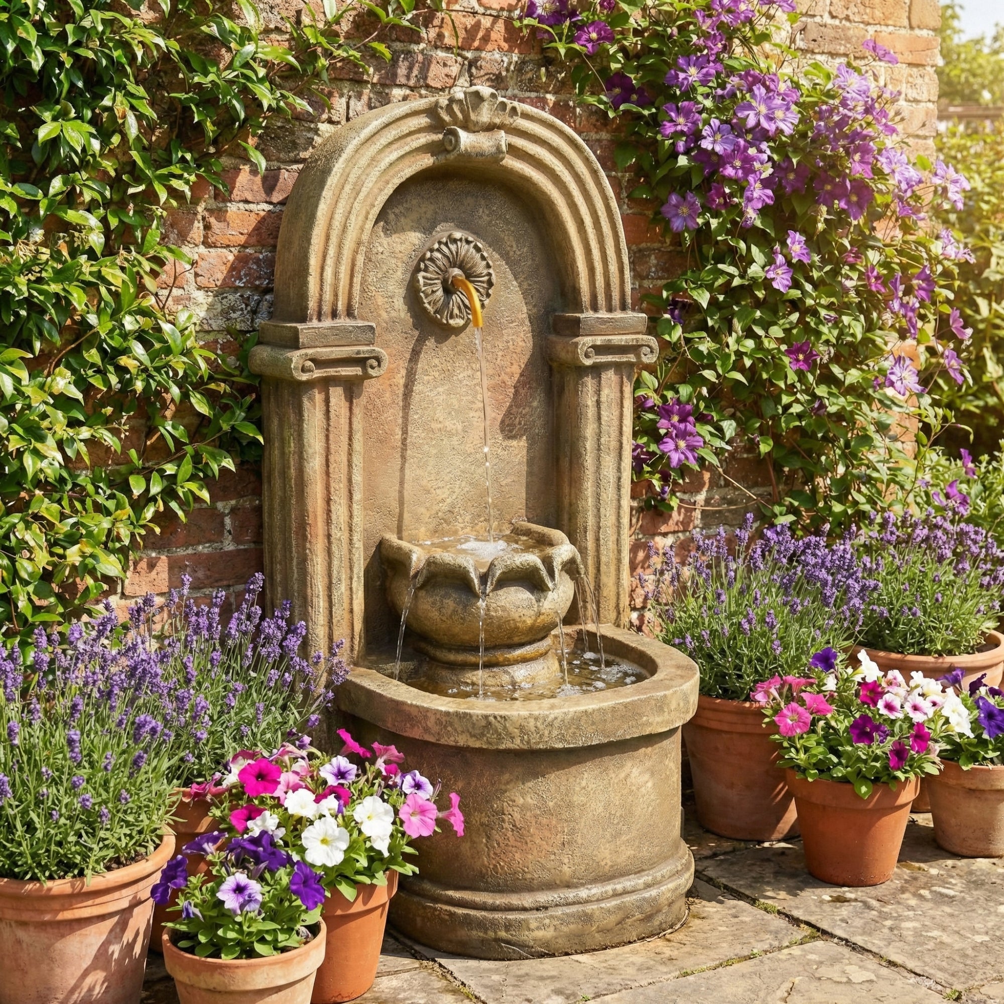 Garden Fountain with 230V Waterfall and Arched Design, Antique Style Metal