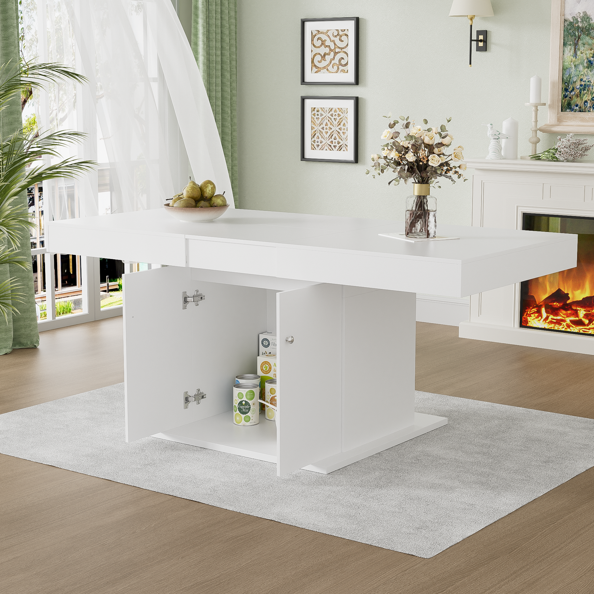 Extendable Dining Table with Storage and Automatic Telescopic Function, White
