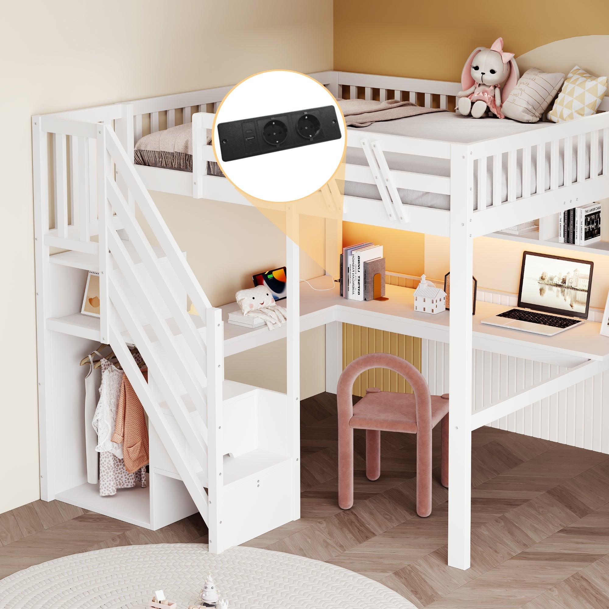 Solid Wood Loft Bed 140x200 with Desk, Storage Stairs, USB and LED, White