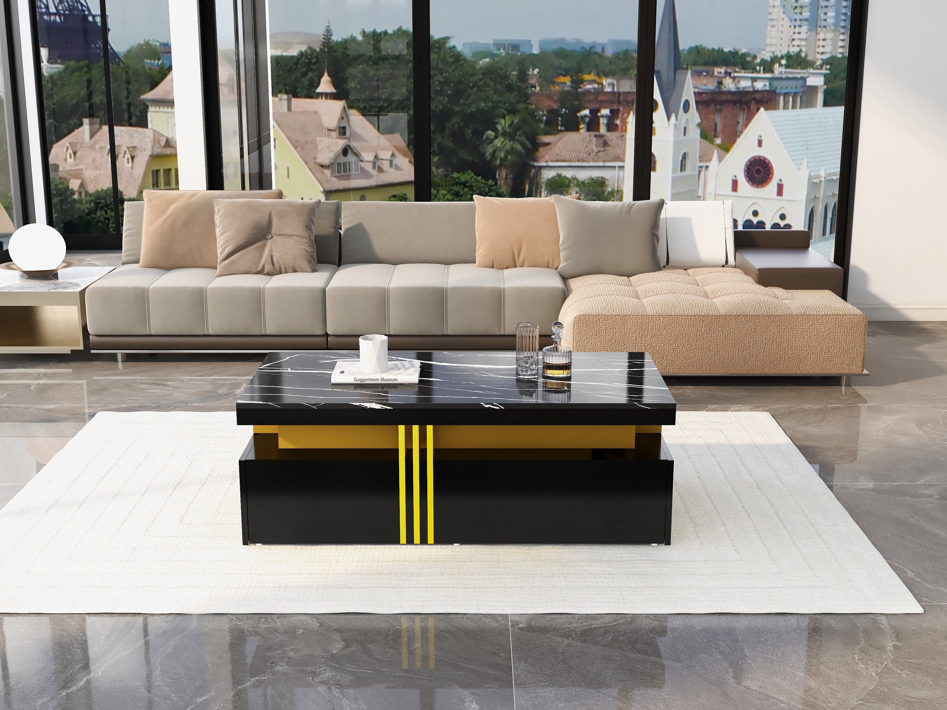 Modern Rectangular Coffee Table with 2 Drawers, High-Gloss and Marble