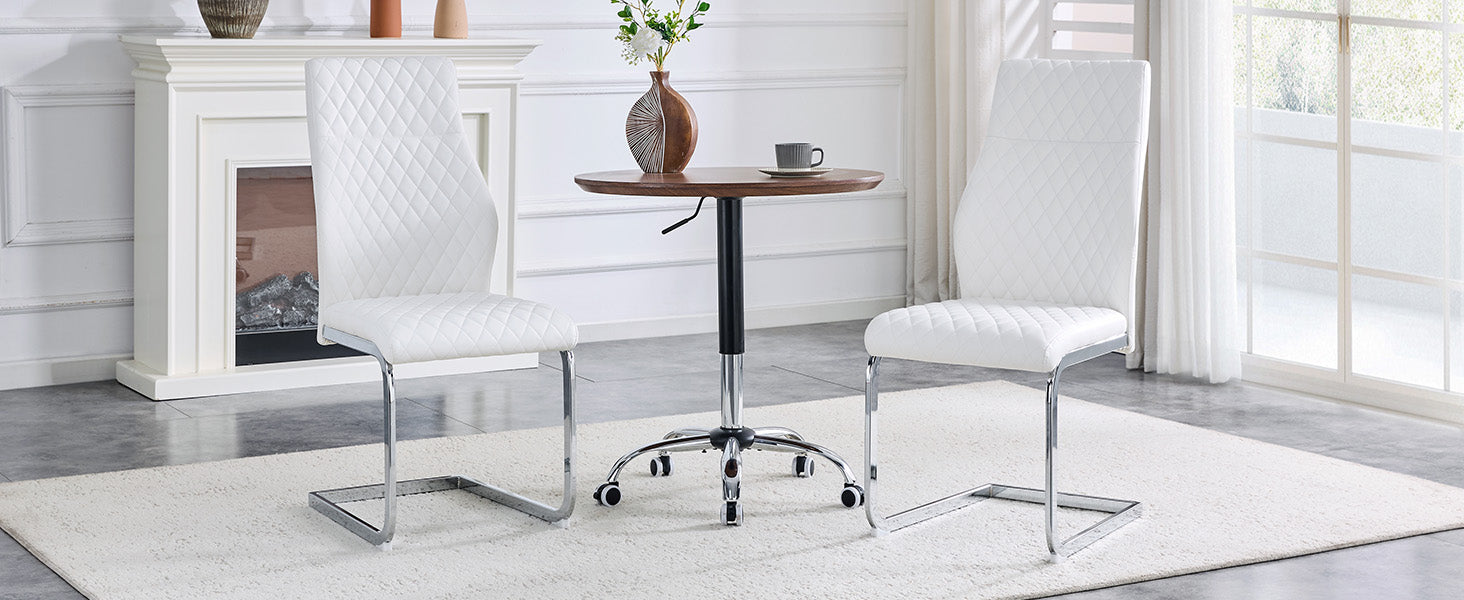 Dining Chair Set of 2 with High Backrest and Padded Seat, White PU Leather and Silver Metal