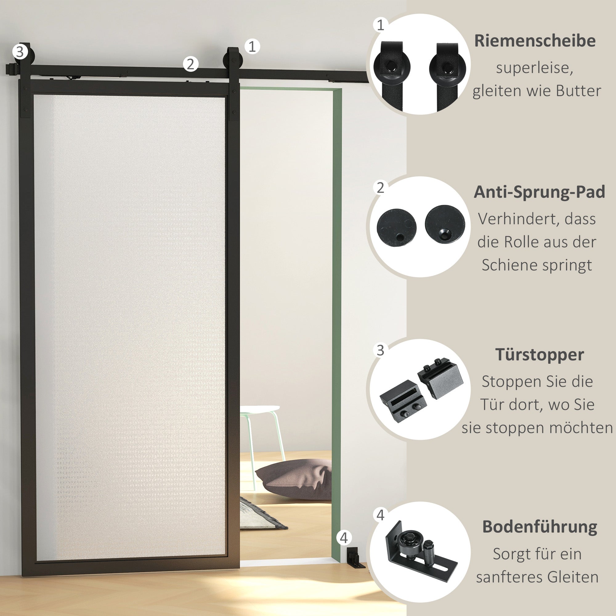 Sliding Door Hardware Set 183cm, Rails Rollers Anti-Jump Devices, Carbon Steel Black