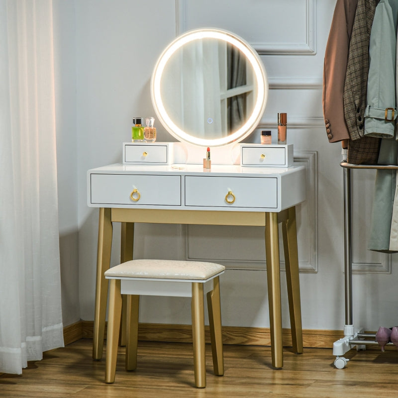 Dressing Table Set with 3 Color LED Mirror, 4 Drawers, and Stool, White
