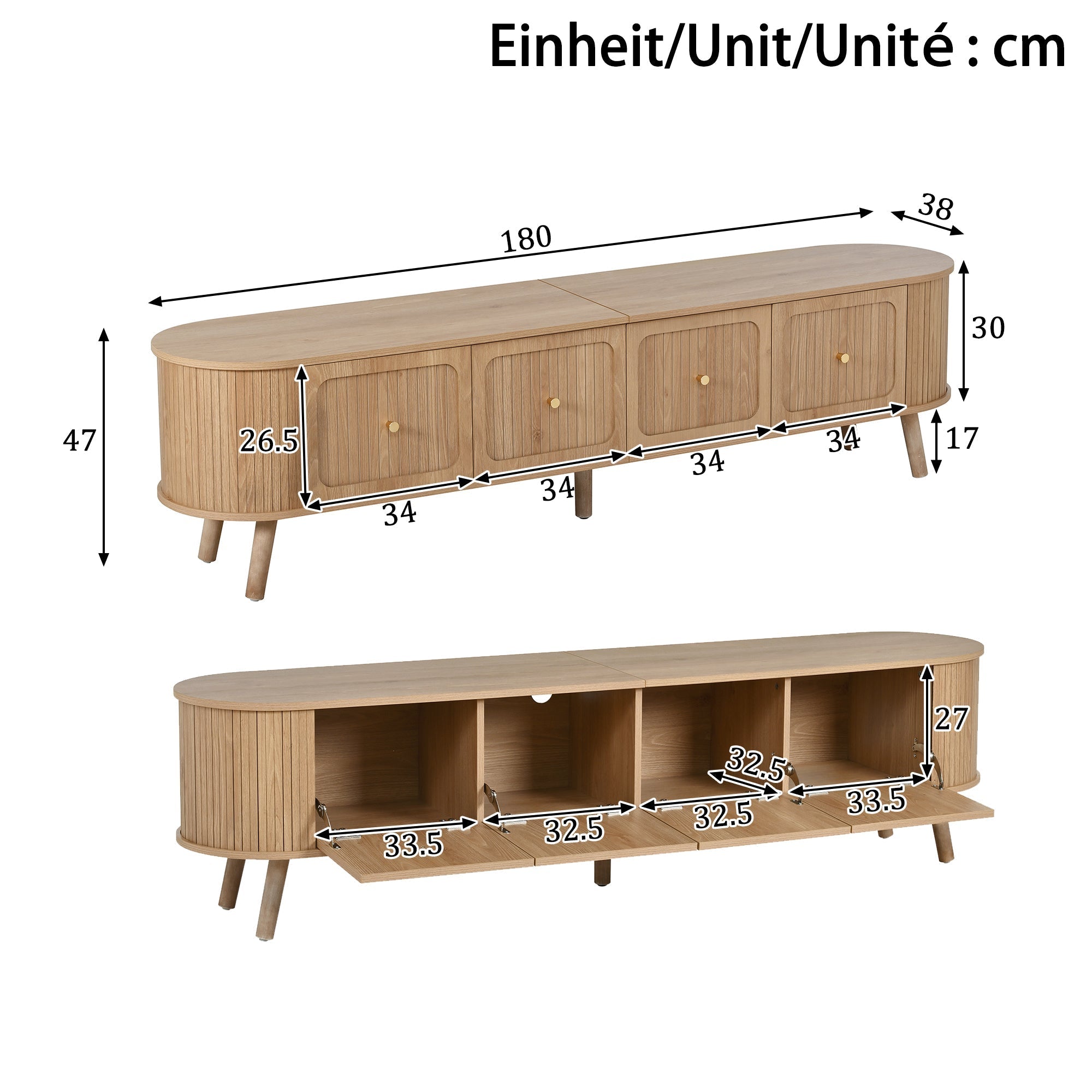 Modern TV Cabinet with 4 Doors and Gold Handles, Oak finish