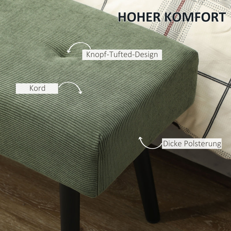 Upholstered bench with corduroy cover, metal legs, 100 x 36 x 45 cm, green
