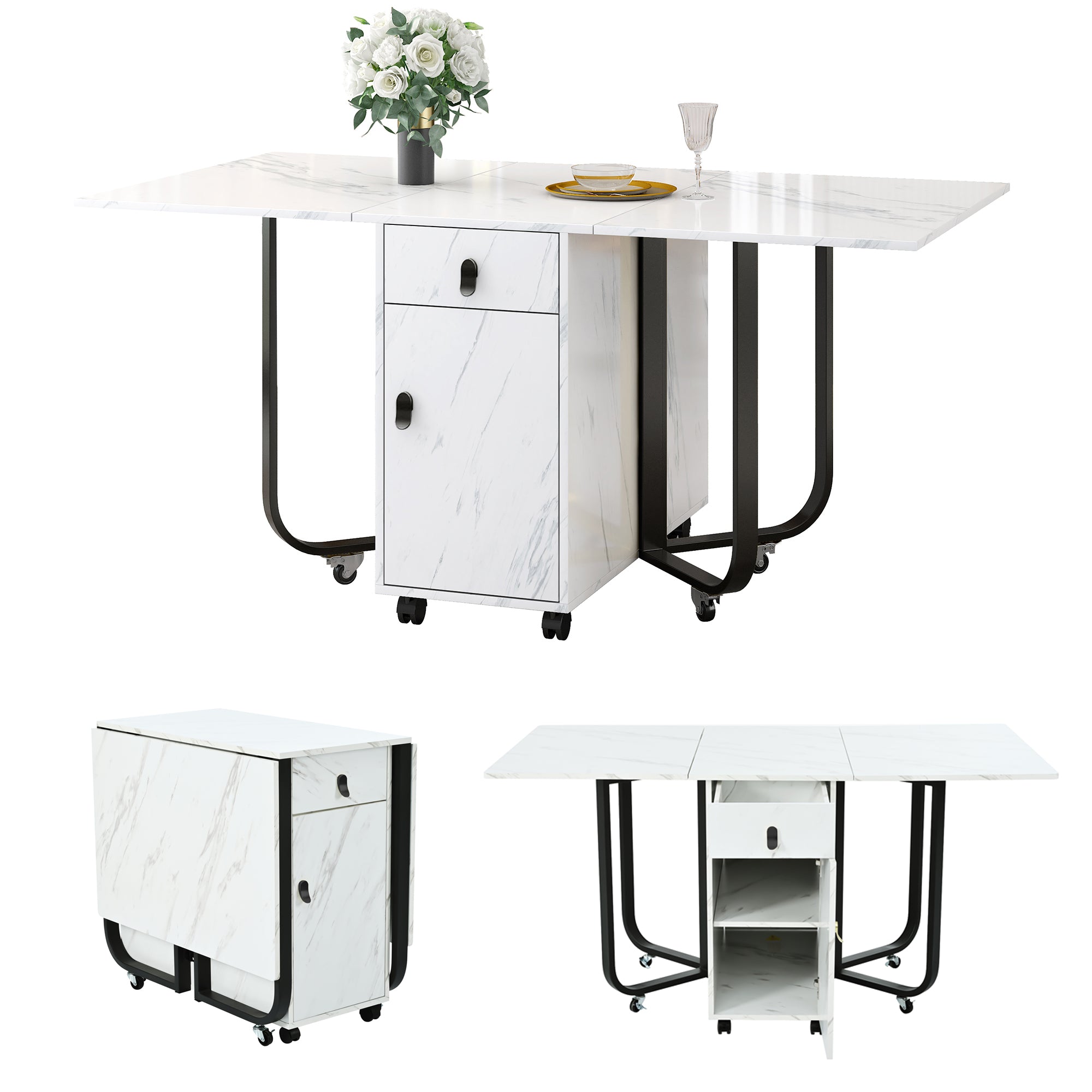 Folding Dining Table, Space-Saving with Cabinet and 2 Drawers, White/Black