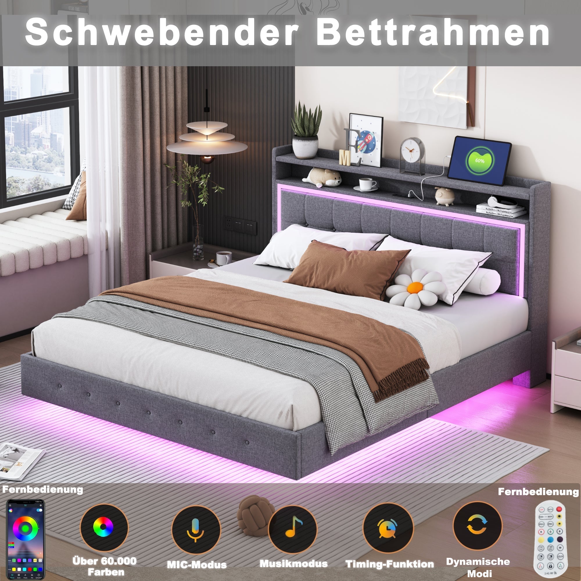 Upholstered Bed, 160x200 USB & LED, Linen Fabric Gray
